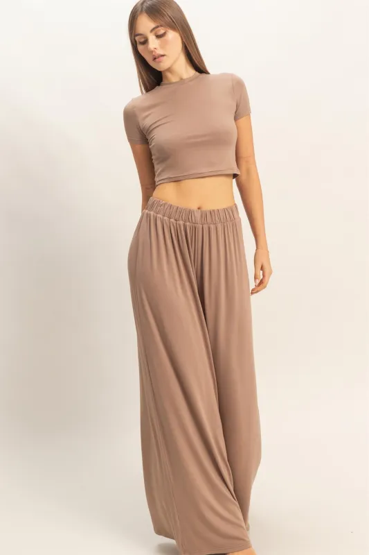 Dark Taupe Short Sleeve Crop Top Wide Leg Pant Set sold by Pinkblush