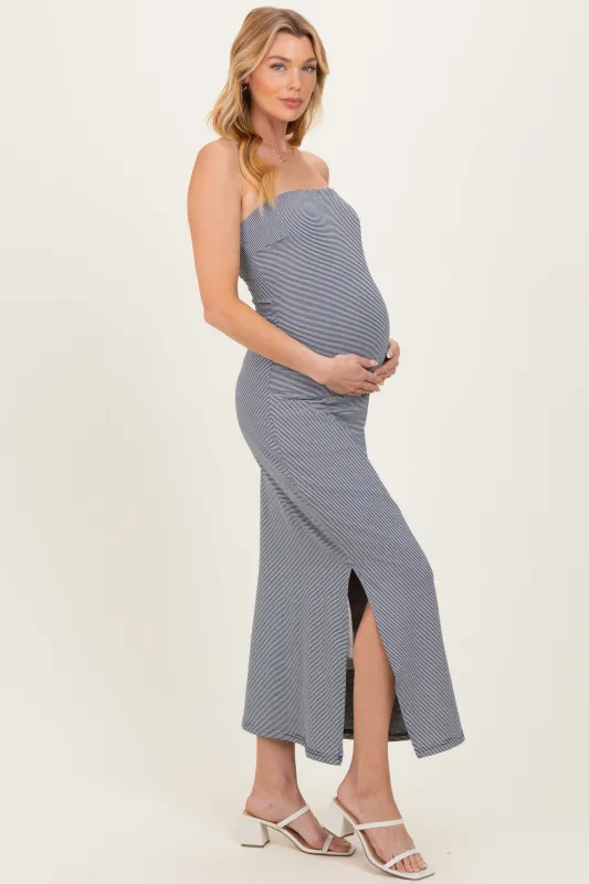 Navy Strapless Side Slit Maternity Midi Dress sold by Pinkblush