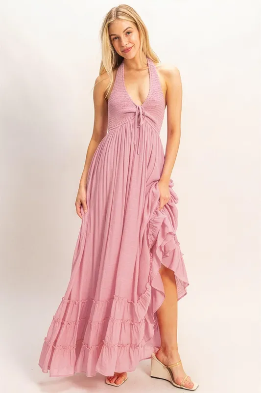 Pink Halter Neck Smocked Maxi Dress sold by Pinkblush