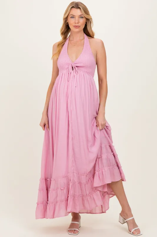 Pink Halter Neck Smocked Maternity Maxi Dress made by Pinkblush