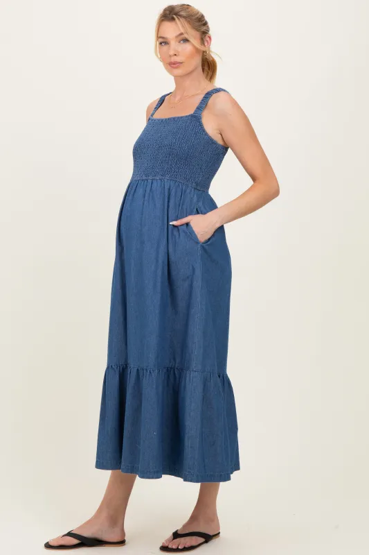 Denim Chambray Smocked Sleeveless Maternity Midi Dress made by tea n rose