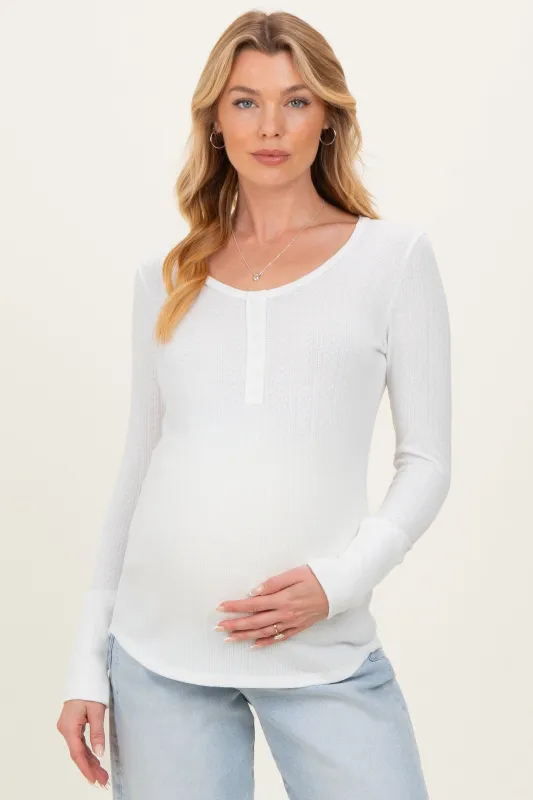 White Pointelle Knit Maternity Henley Top made by Pinkblush