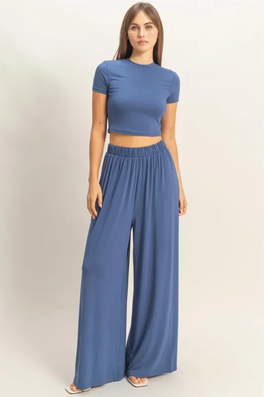 Light Navy Short Sleeve Crop Top Wide Leg Pant Set sold by Pinkblush