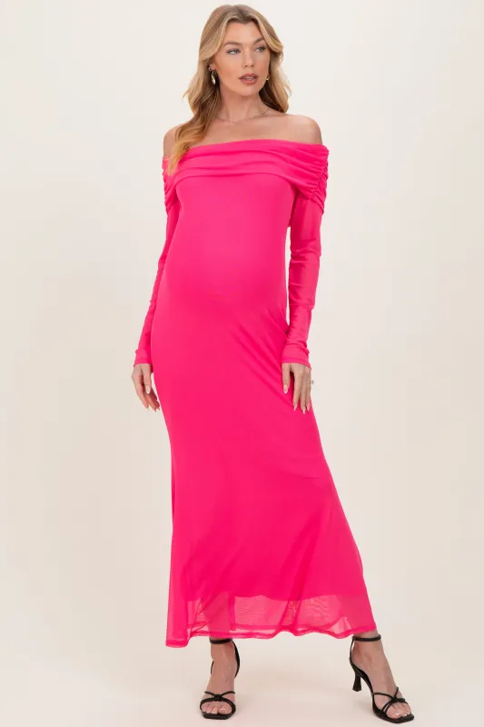 Fuchsia Mesh Overlay Off Shoulder Long Sleeve Maternity Midi Dress made by Fore Collection