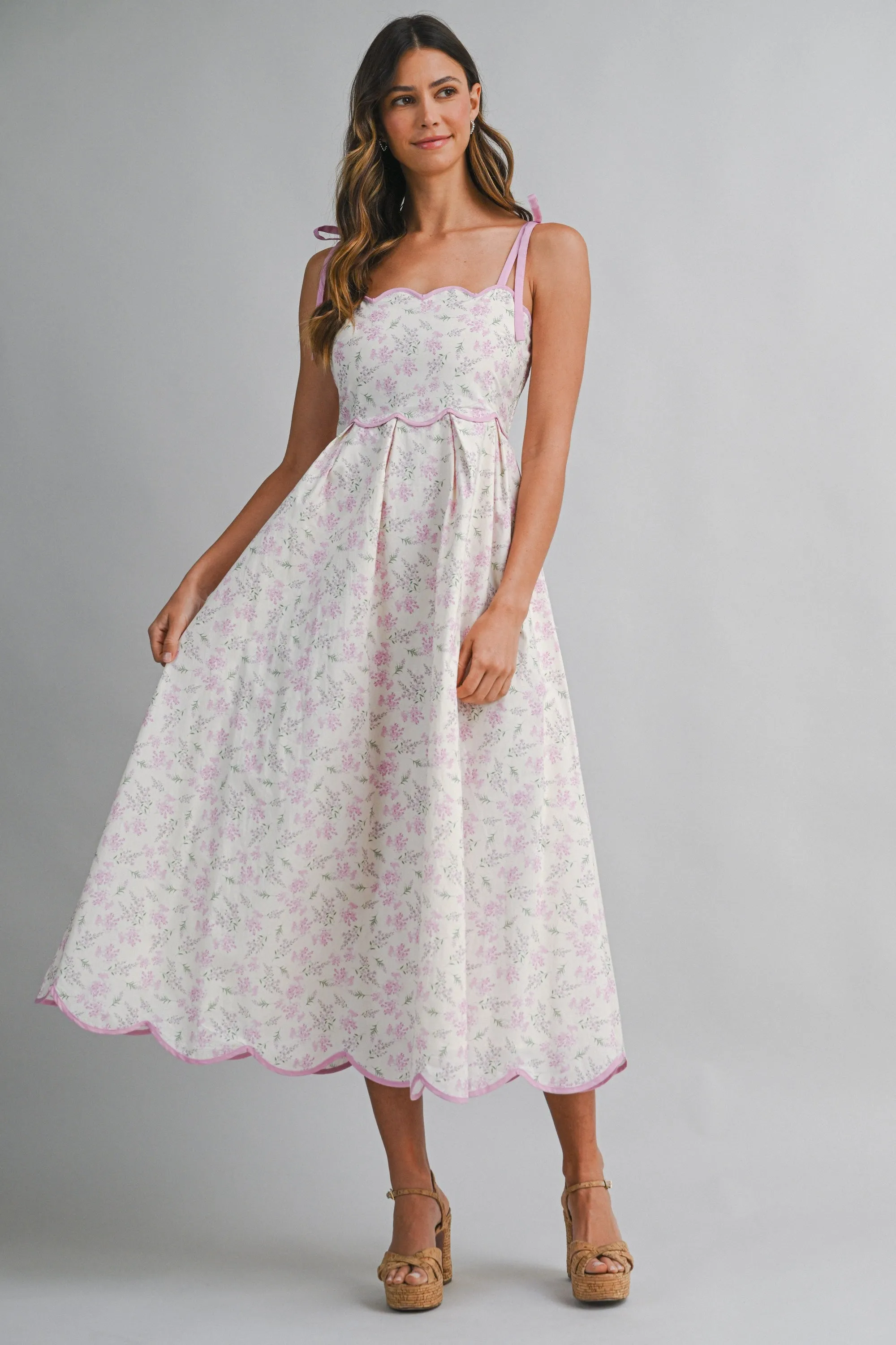 Pink Floral Scallop Hem Shoulder Tie Midi Dress sold by Pinkblush