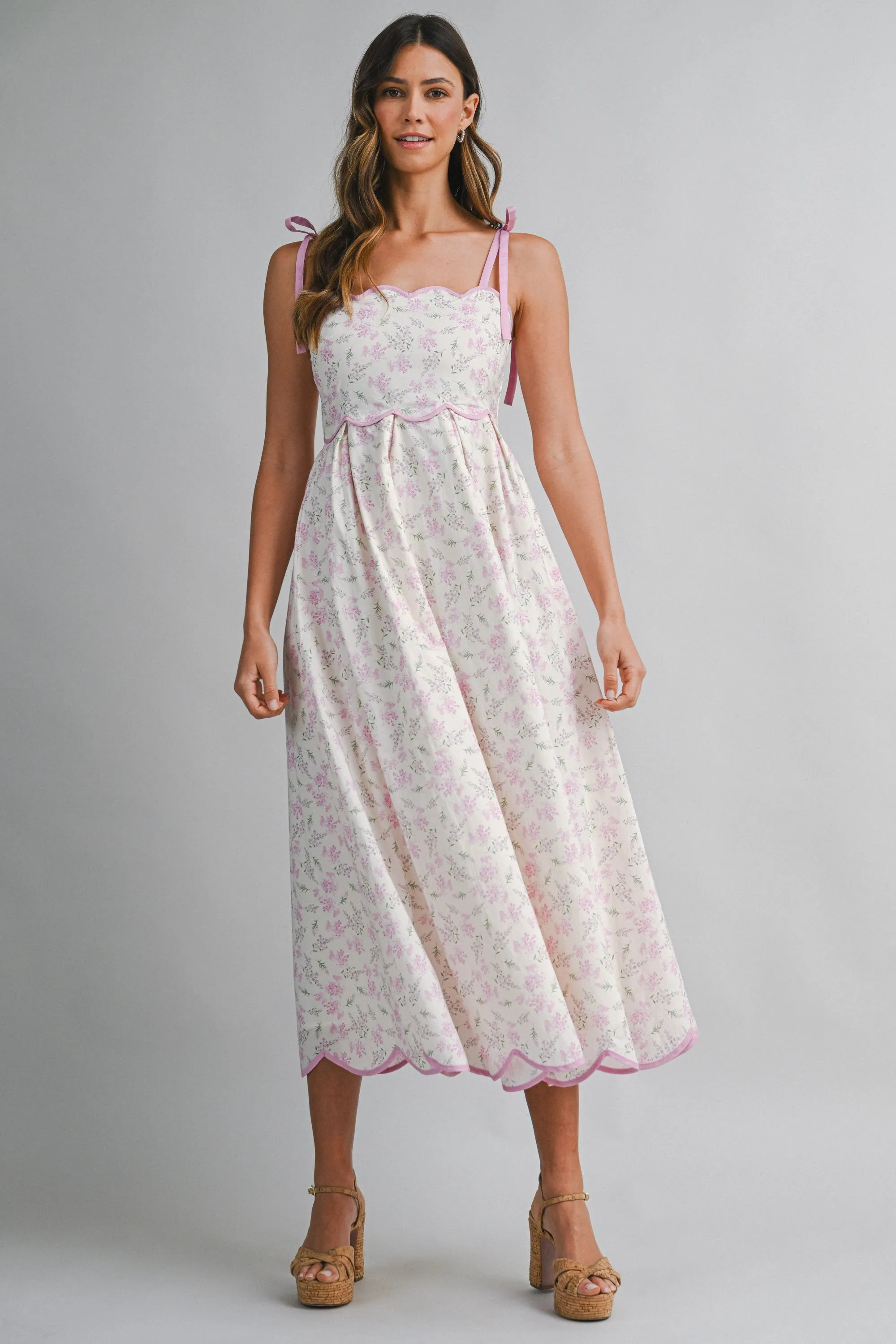 Pink Floral Scallop Hem Shoulder Tie Midi Dress sold by Pinkblush product image thumbnail 2