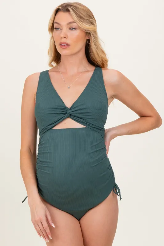 Forest Green Twist Front Cutout Maternity One Piece Swimsuit sold by Pinkblush