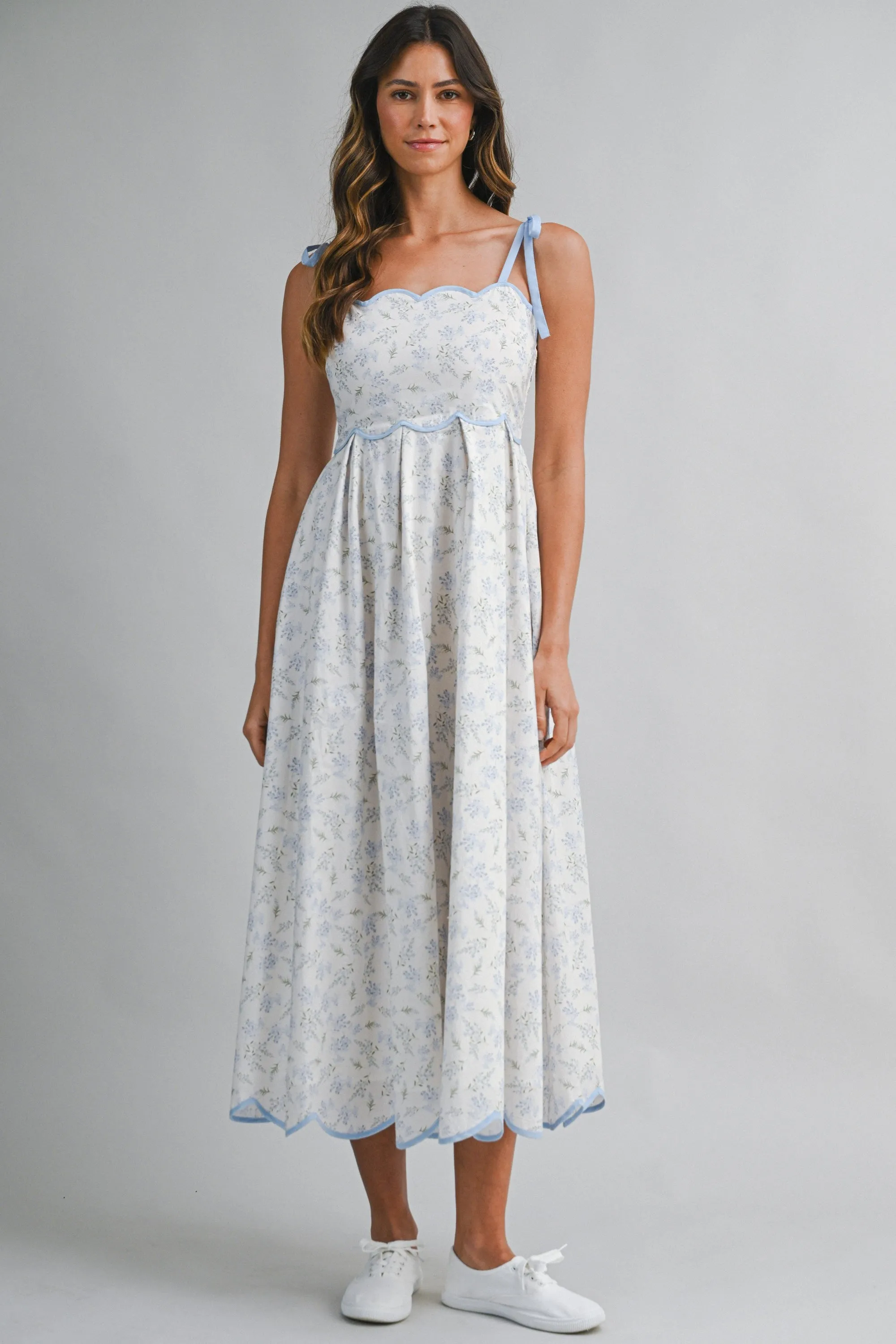 Blue Floral Scallop Hem Shoulder Tie Midi Dress sold by Pinkblush
