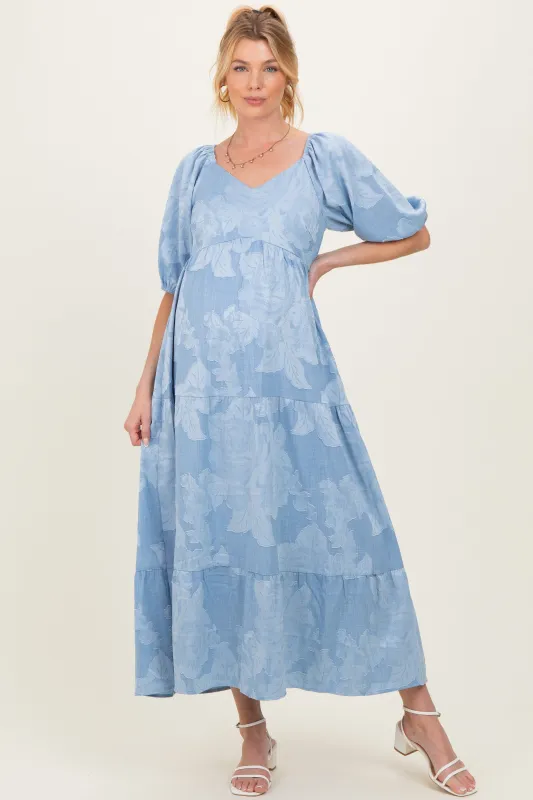 Light Blue Floral Textured Tiered Midi Maternity Dress made by Polagram