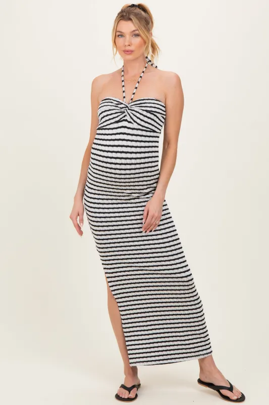Black Halter Neck Twist Bust Maternity Midi Dress made by HYFVE