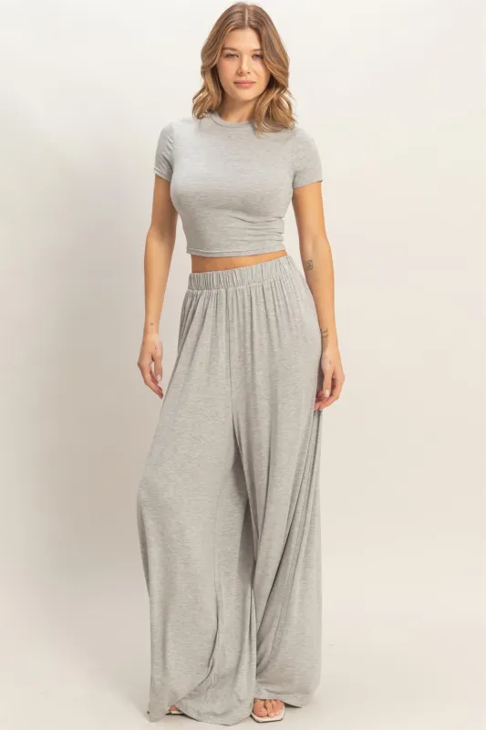 Heather Grey Short Sleeve Crop Top Wide Leg Pant Set sold by Pinkblush