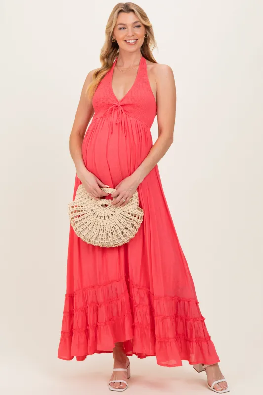 Coral Halter Neck Smocked Maternity Maxi Dress made by HYFVE
