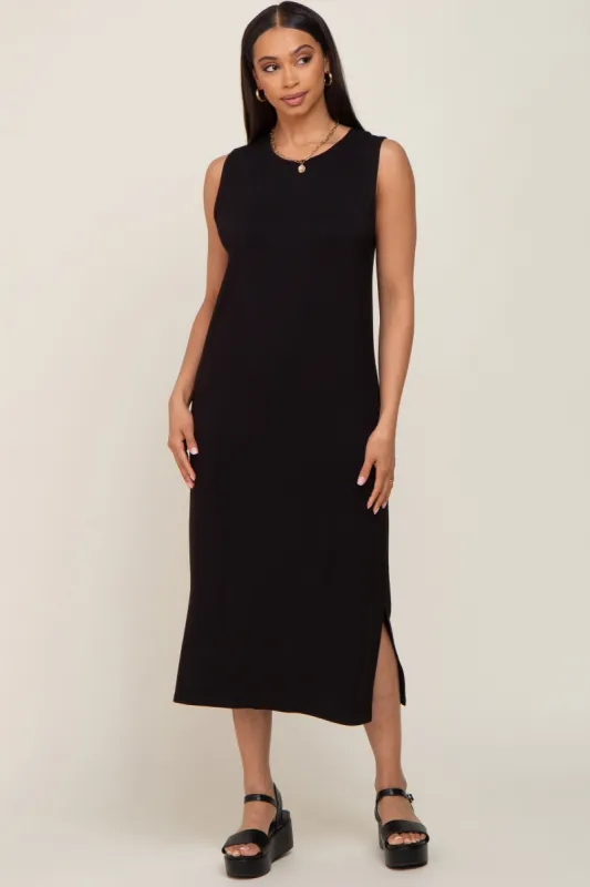 Black Sleeveless Side Slit Midi Dress sold by Pinkblush