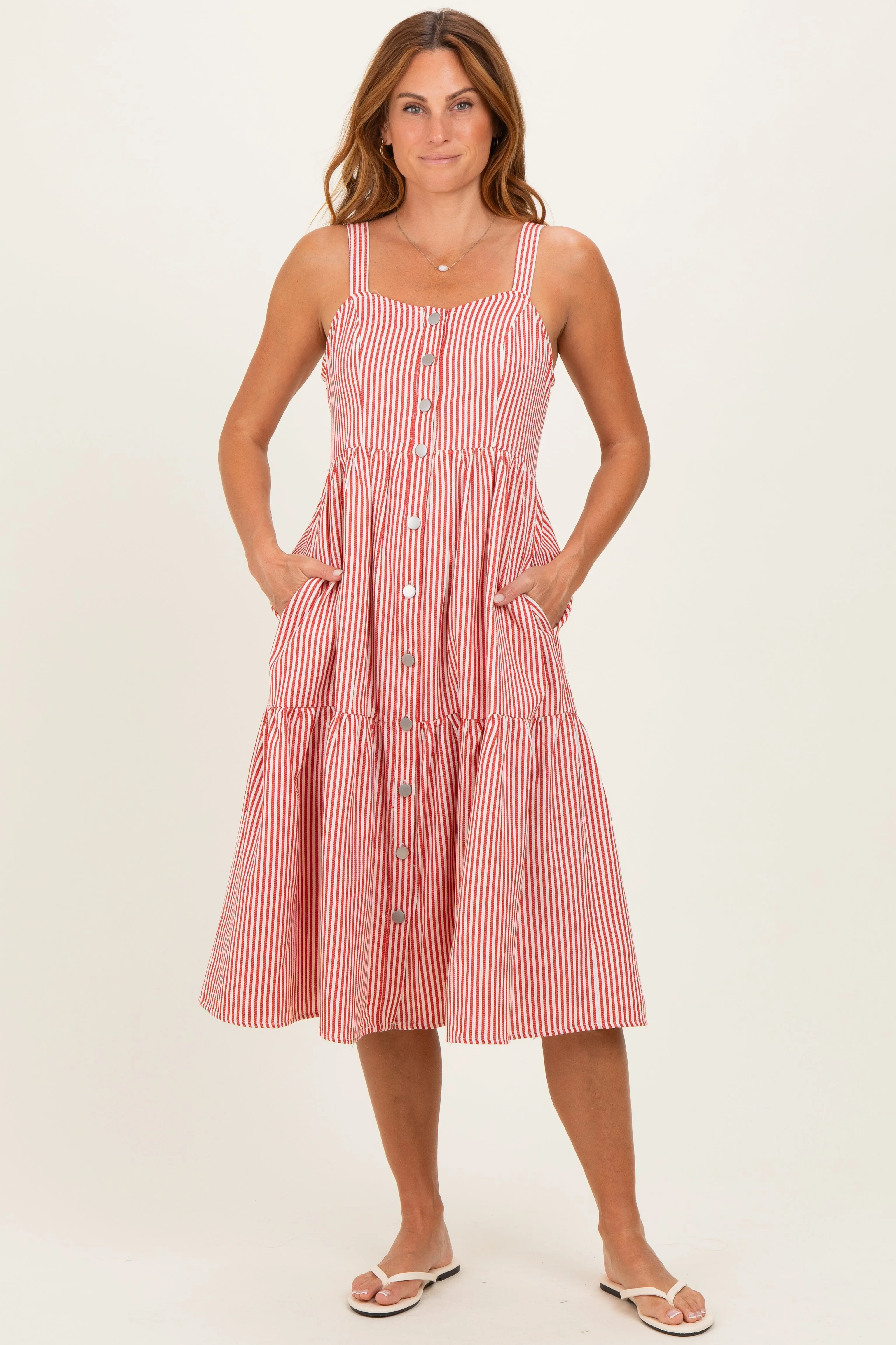 Red Striped Tiered Overall Dress sold by Pinkblush