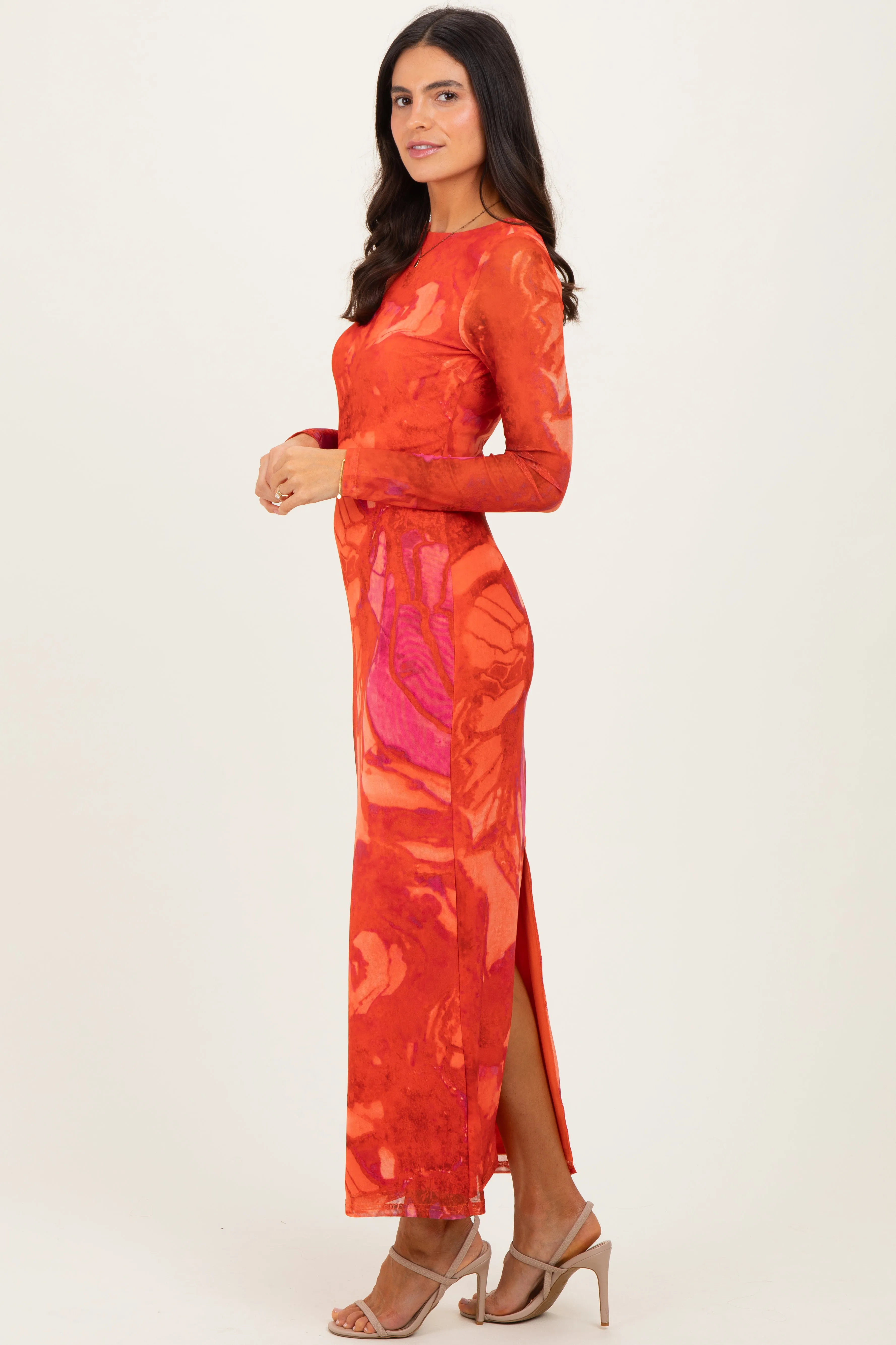 Coral Printed Mesh Open Back Maxi Dress sold by Pinkblush product image thumbnail 3