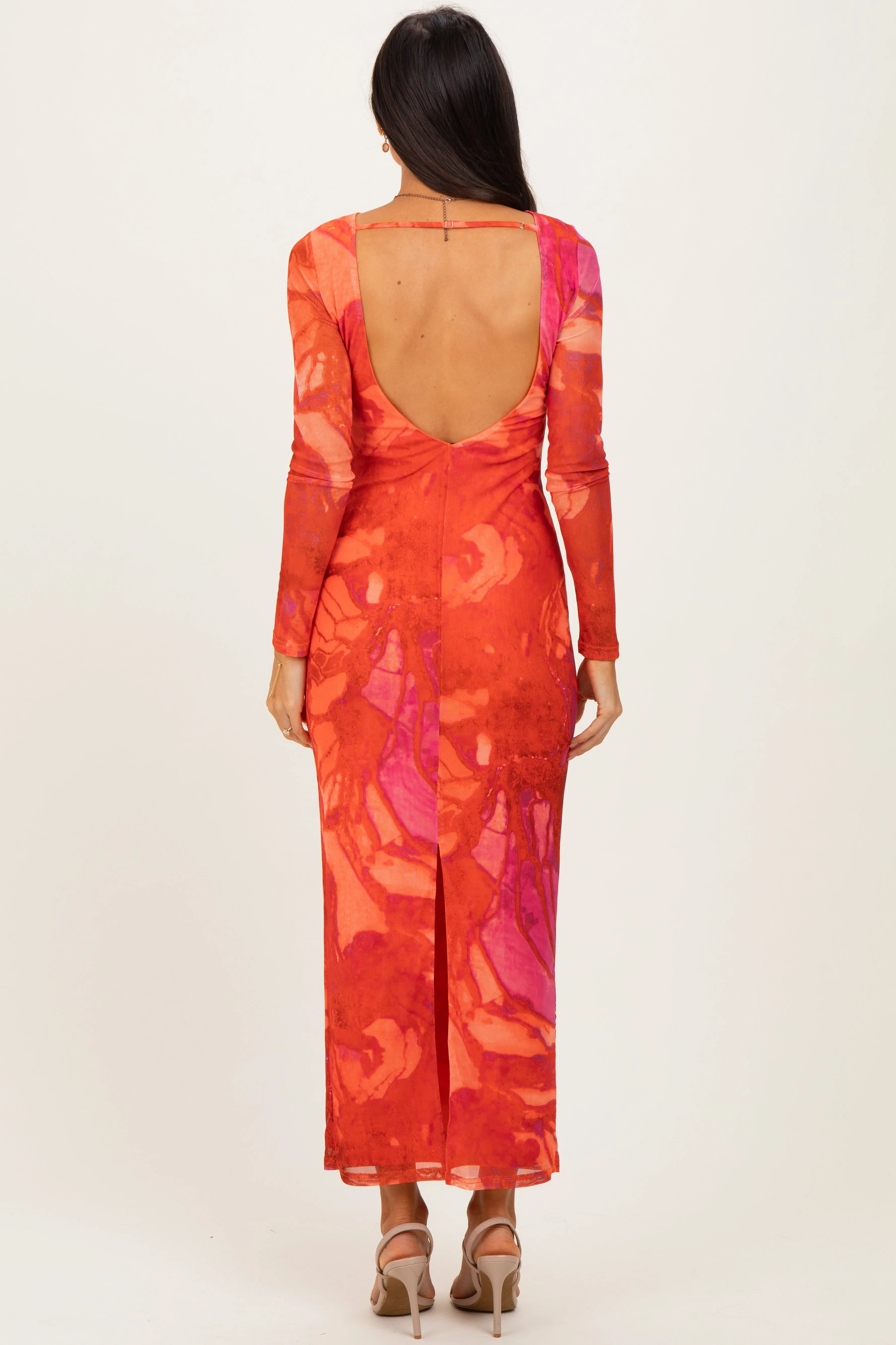 Coral Printed Mesh Open Back Maxi Dress sold by Pinkblush product image thumbnail 4