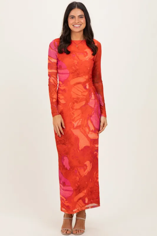 Coral Printed Mesh Open Back Maxi Dress made by Pinkblush