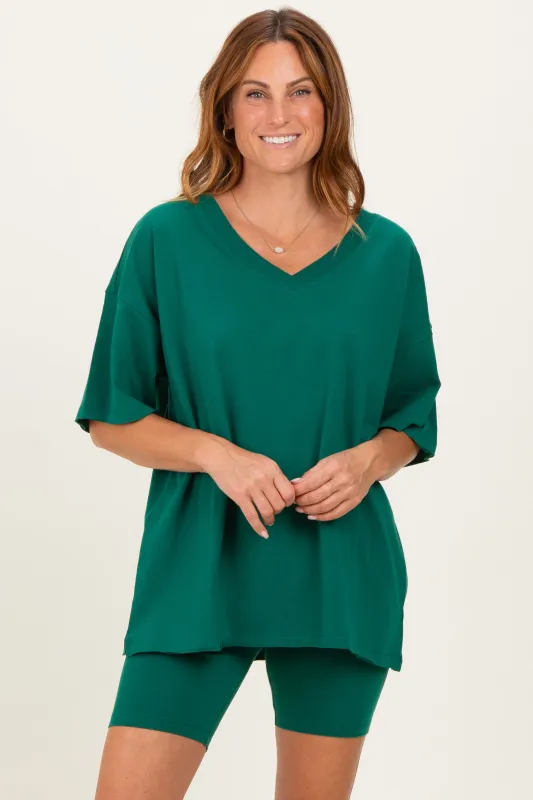 Emerald Green Oversized V-Neck Biker Short Set made by Zenana Outfitters