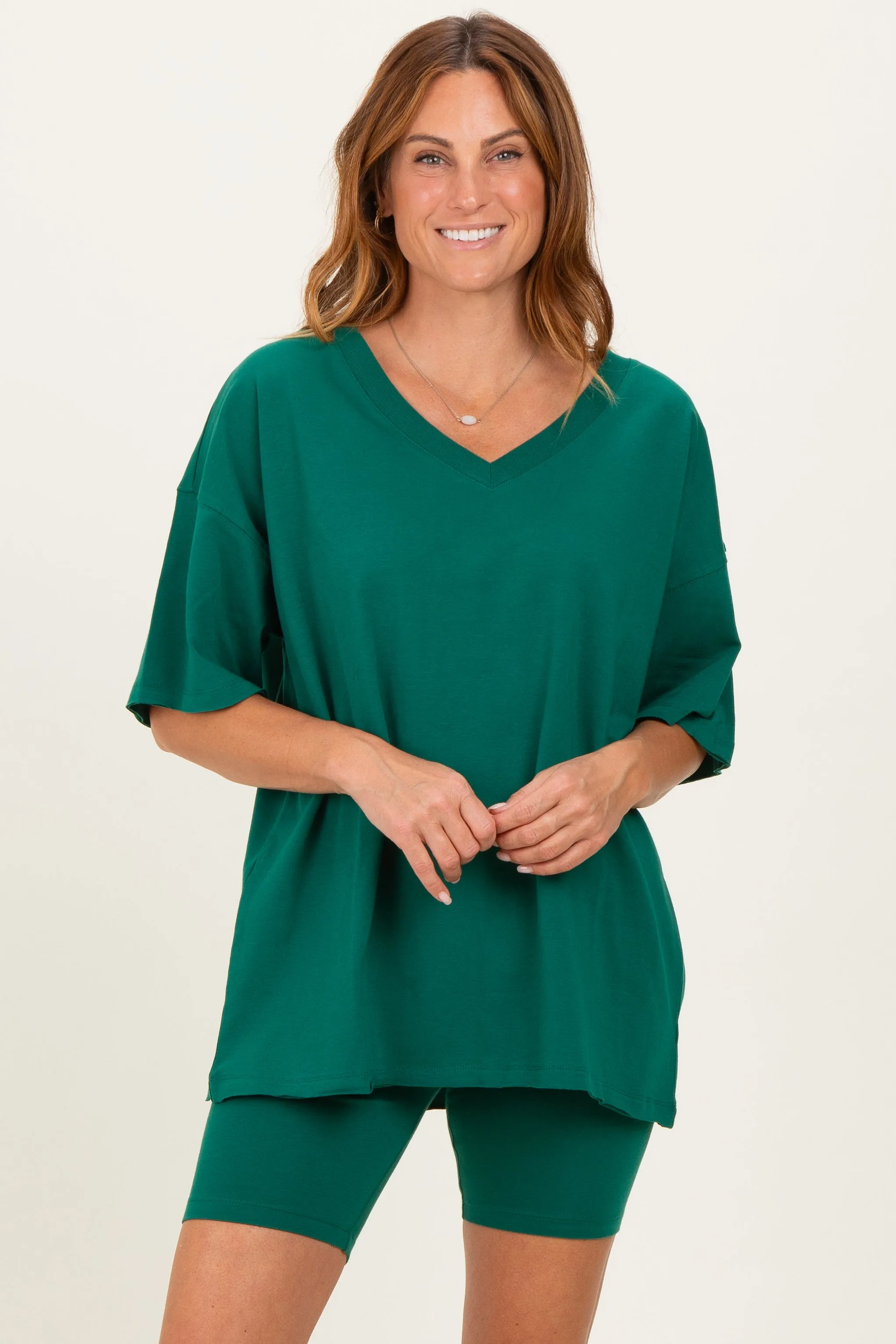 Emerald Green Oversized V-Neck Biker Short Set sold by Pinkblush