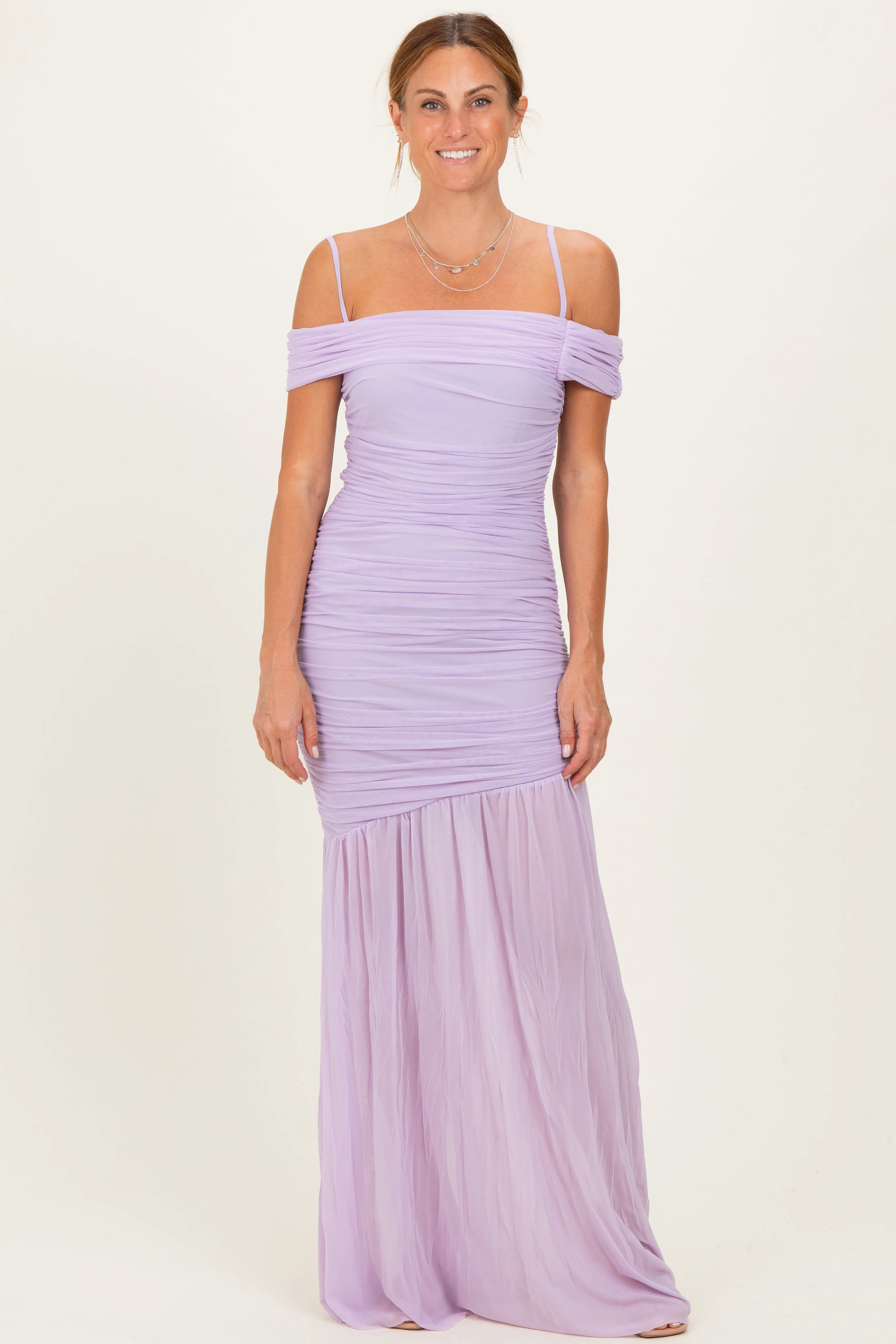 Lavender Ruched Mesh Off Shoulder Maxi Dress sold by Pinkblush