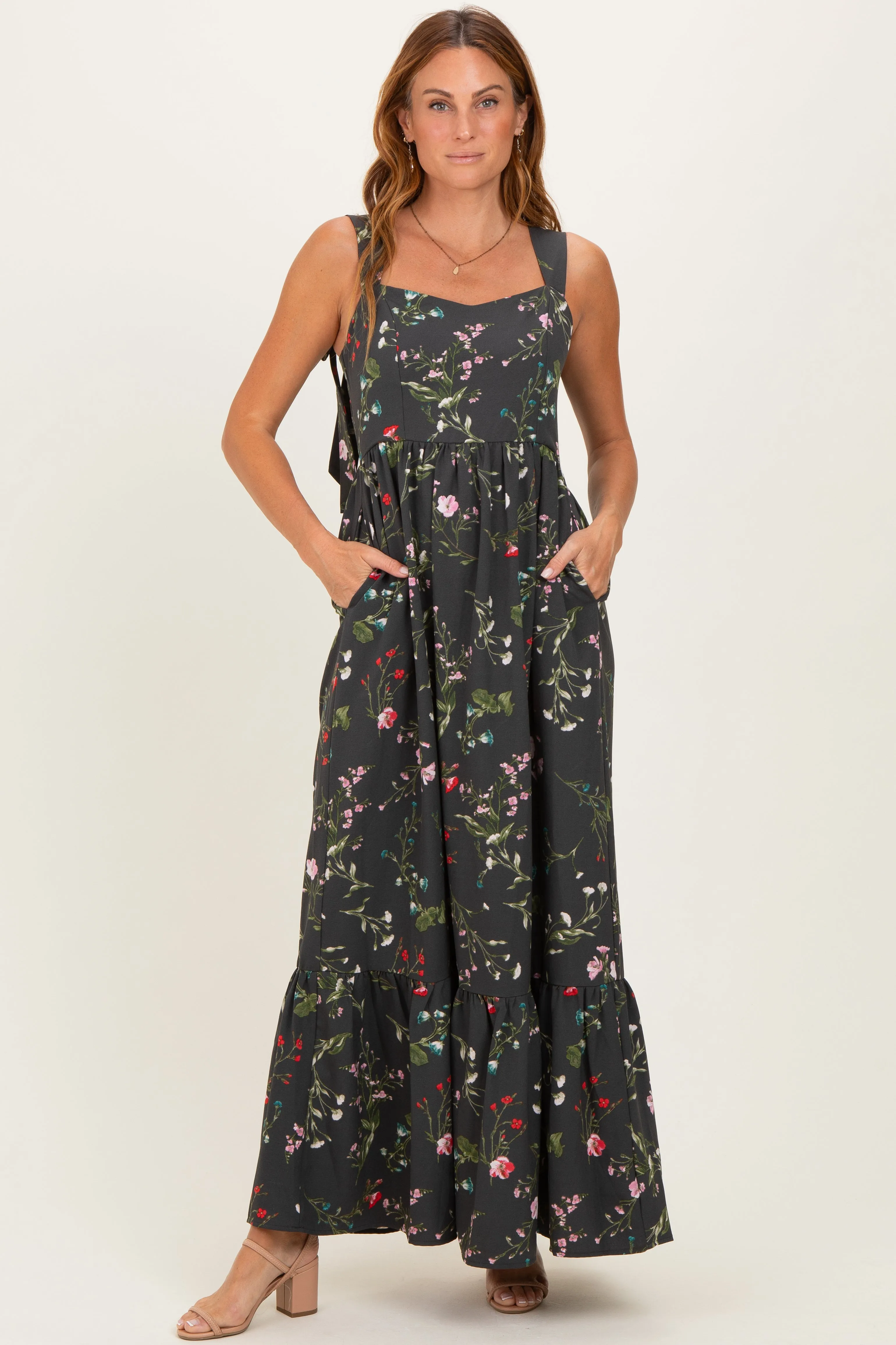 Forest Green Floral Bow Strap Maxi Dress sold by Pinkblush