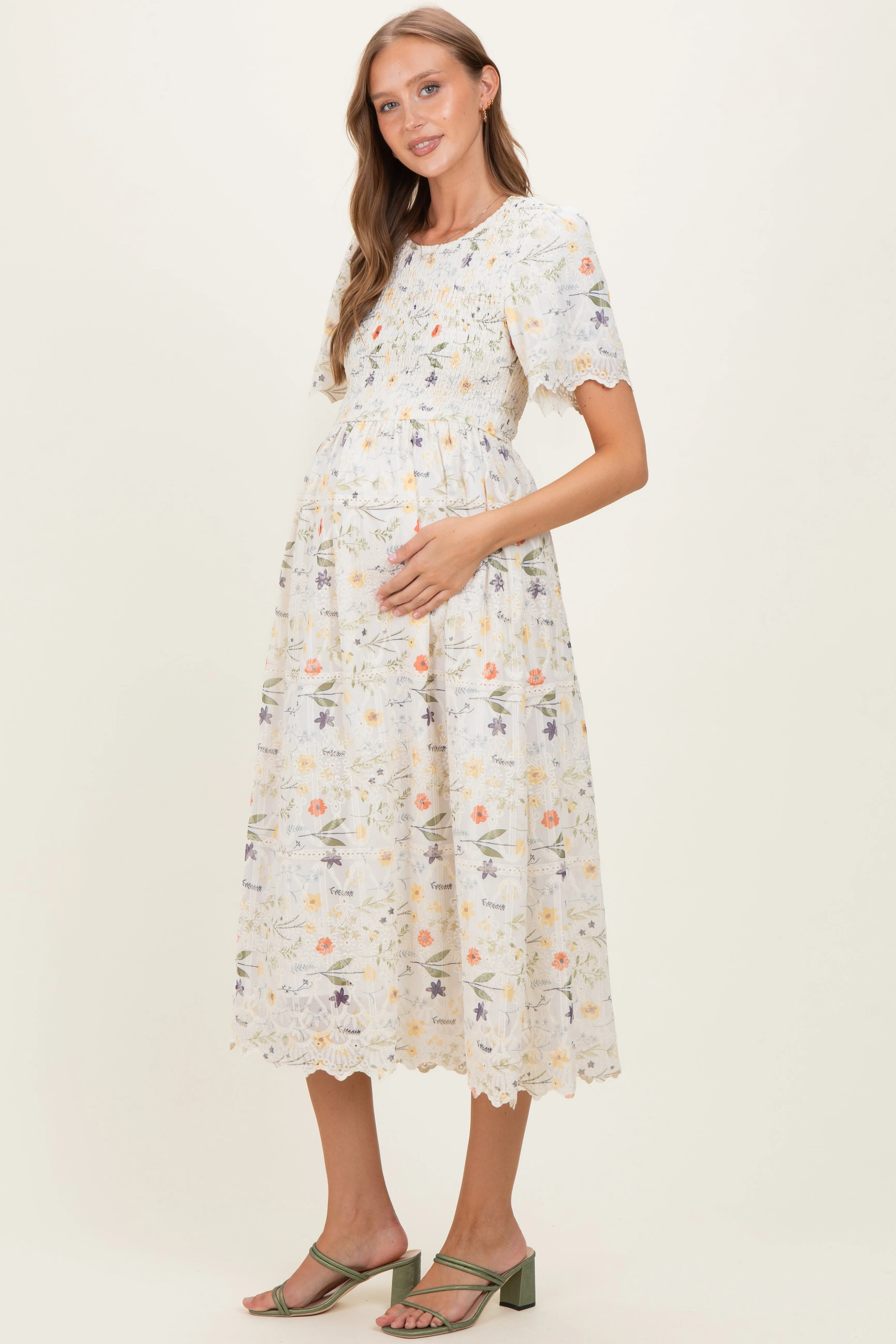Beige Floral Button Down Collared Maternity Midi Dress sold by Pinkblush product image thumbnail 2