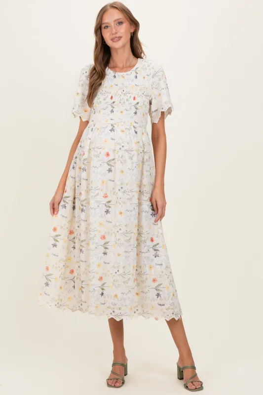 Beige Floral Button Down Collared Maternity Midi Dress made by tea n rose