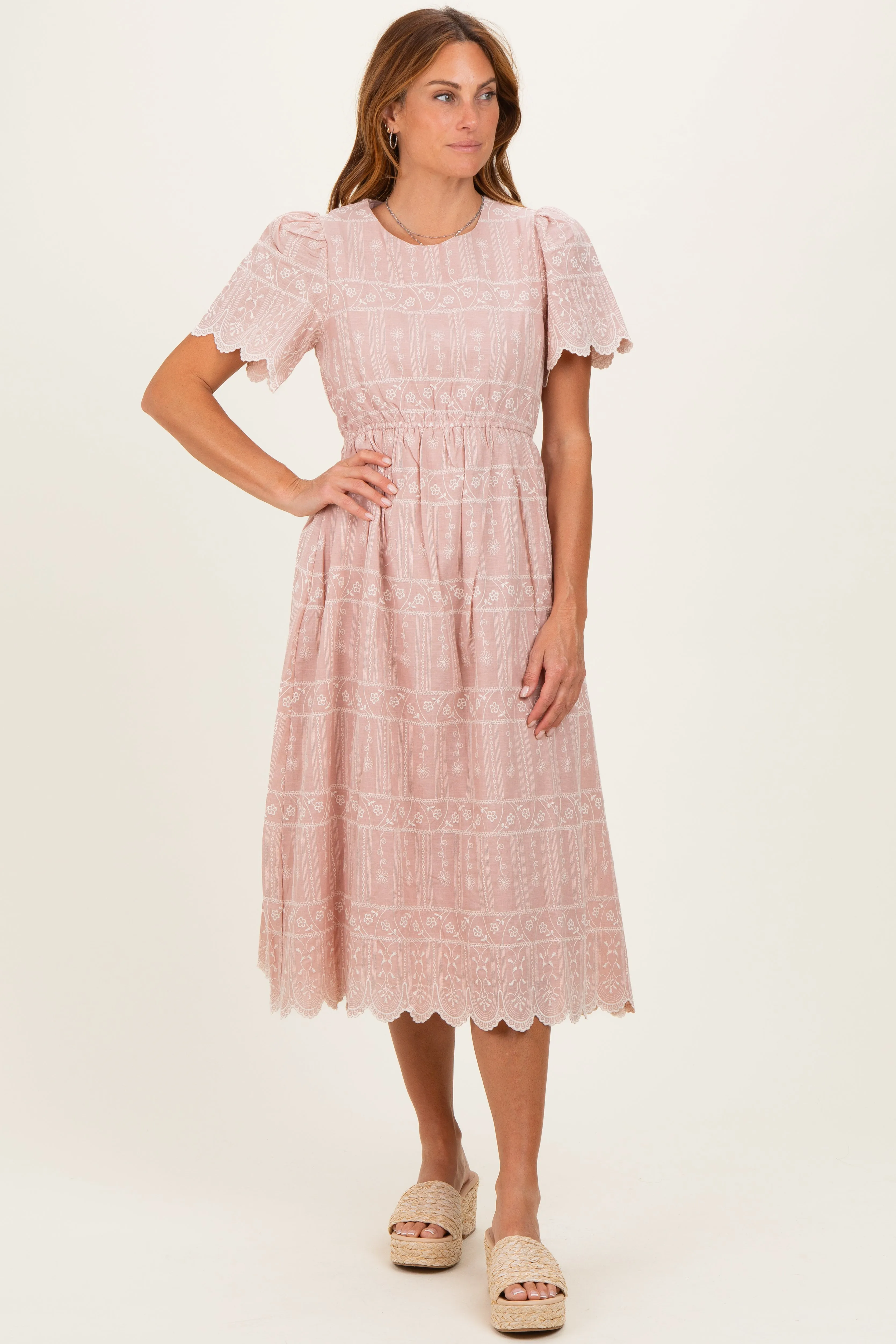 Light Pink Embroidered Floral Midi Dress sold by Pinkblush