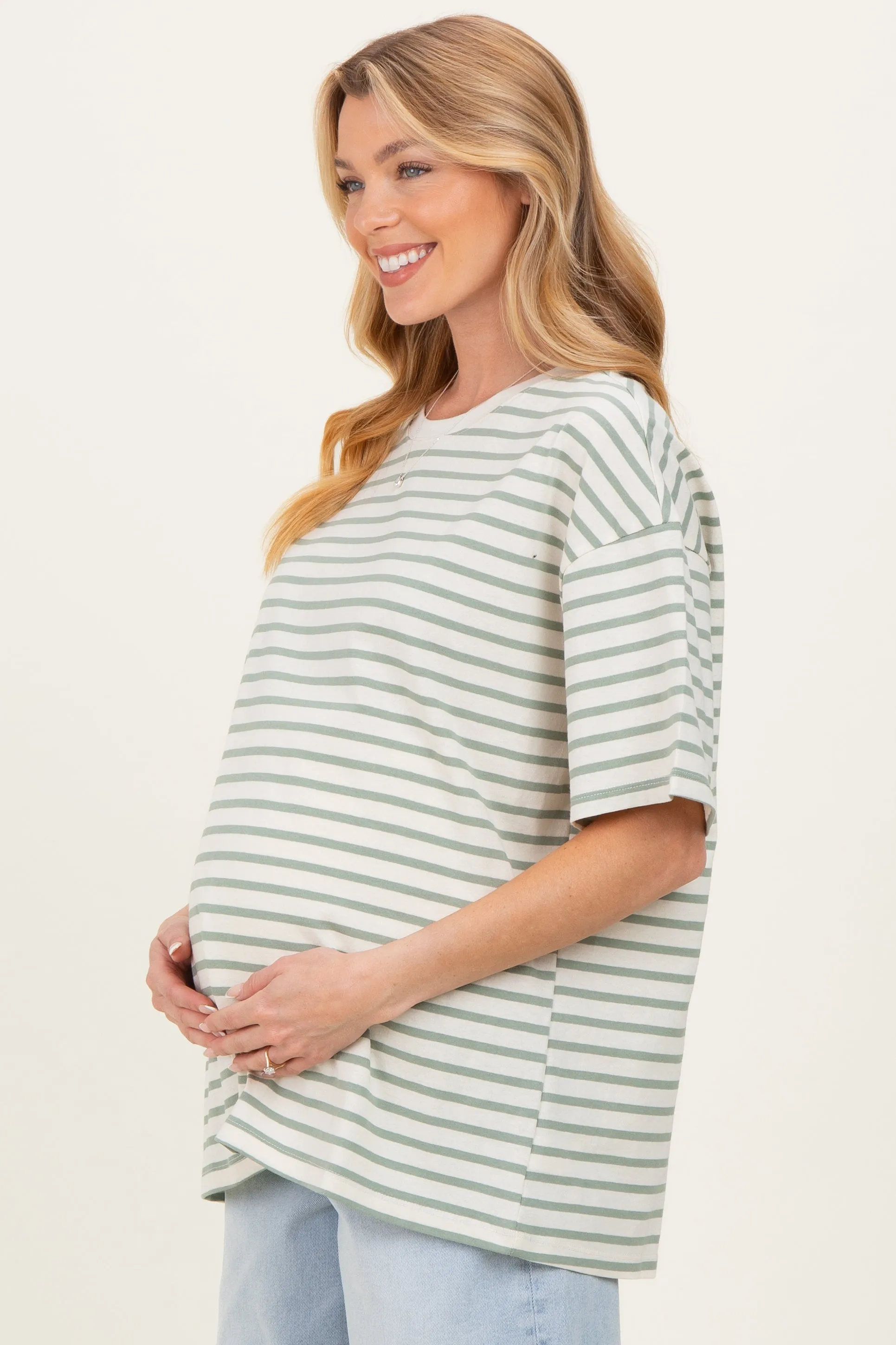 Sage Striped Short Sleeve Crew Neck Oversized Cotton Maternity Top sold by Pinkblush product image thumbnail 3