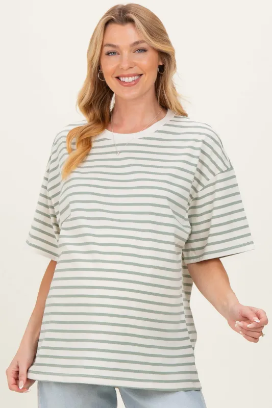 Sage Striped Short Sleeve Crew Neck Oversized Cotton Maternity Top made by Pinkblush