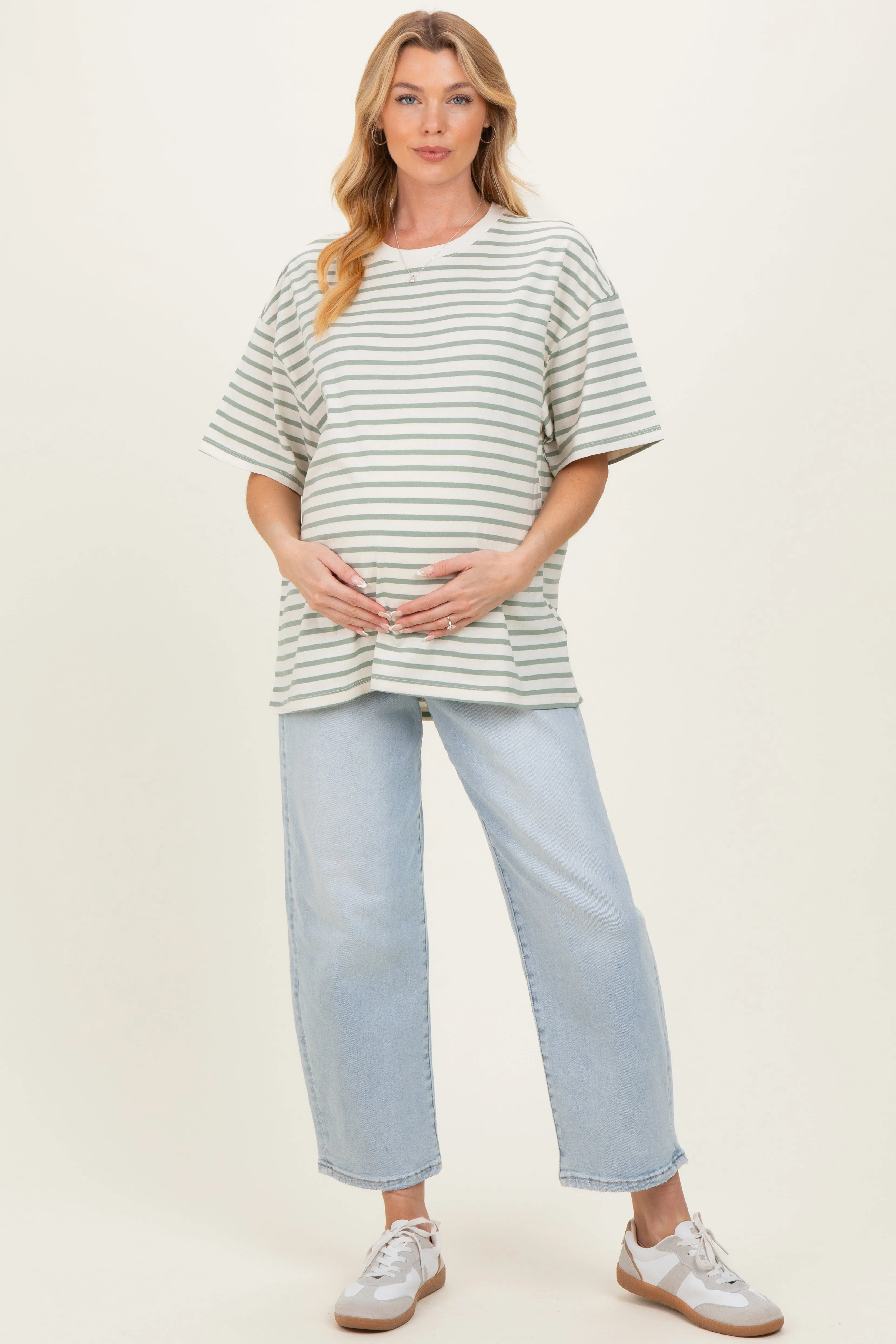 Sage Striped Short Sleeve Crew Neck Oversized Cotton Maternity Top sold by Pinkblush product image thumbnail 2
