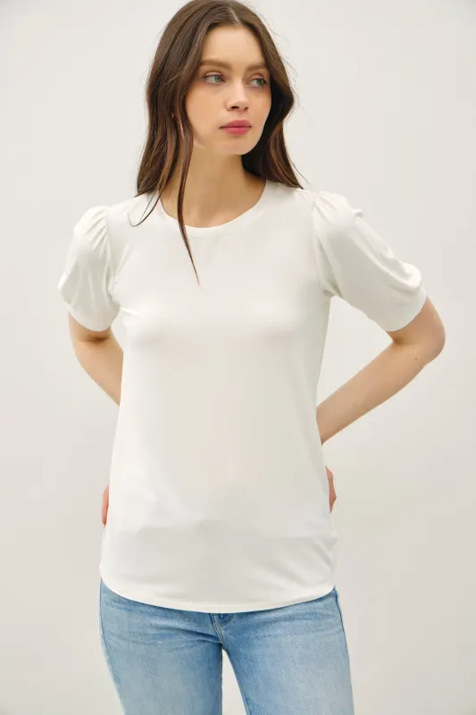 White Puff Sleeve Basic Top made by BE COOL
