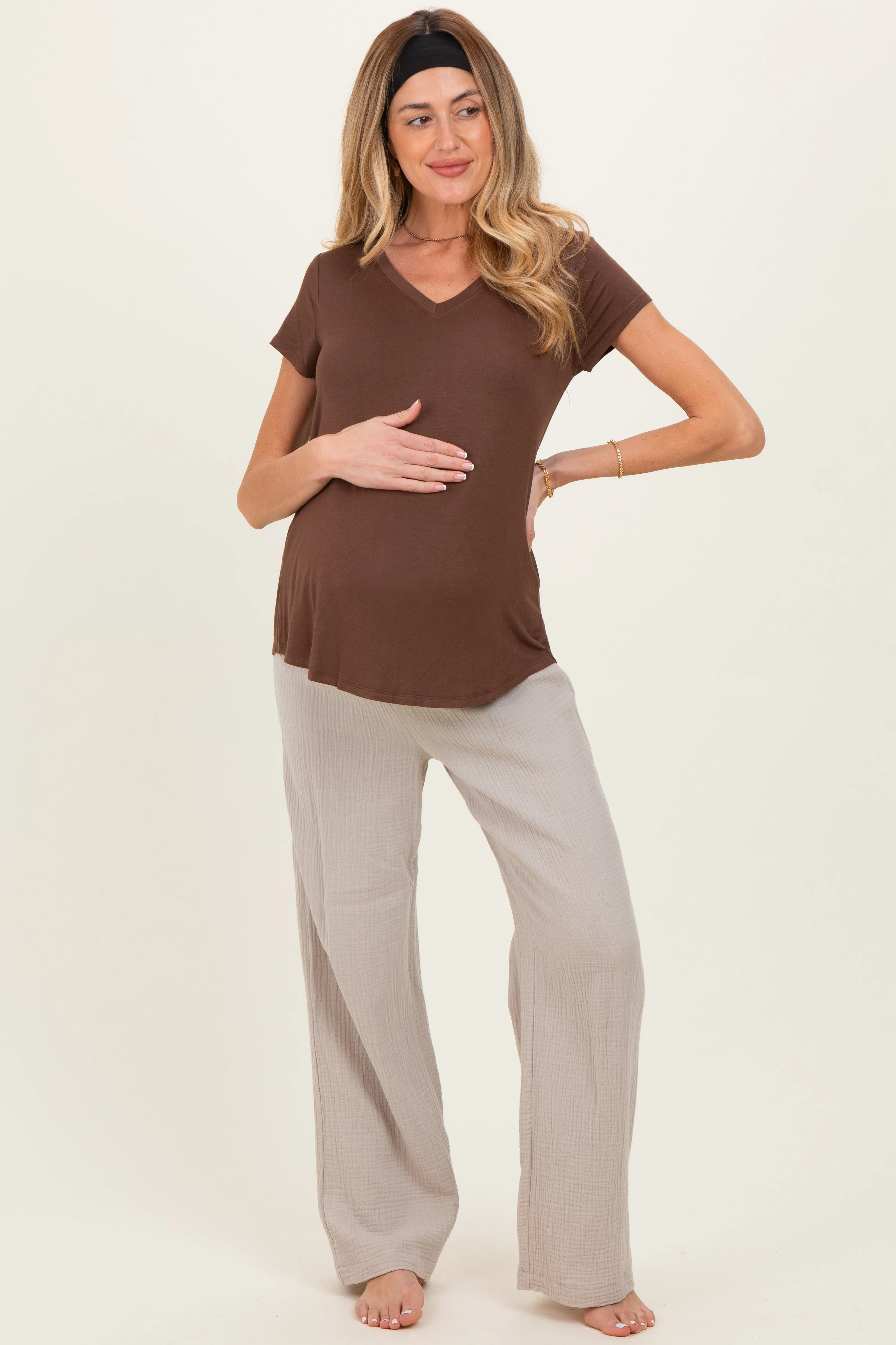 Brown Basic V-Neck Short Sleeve Maternity Top sold by Pinkblush product image thumbnail 2