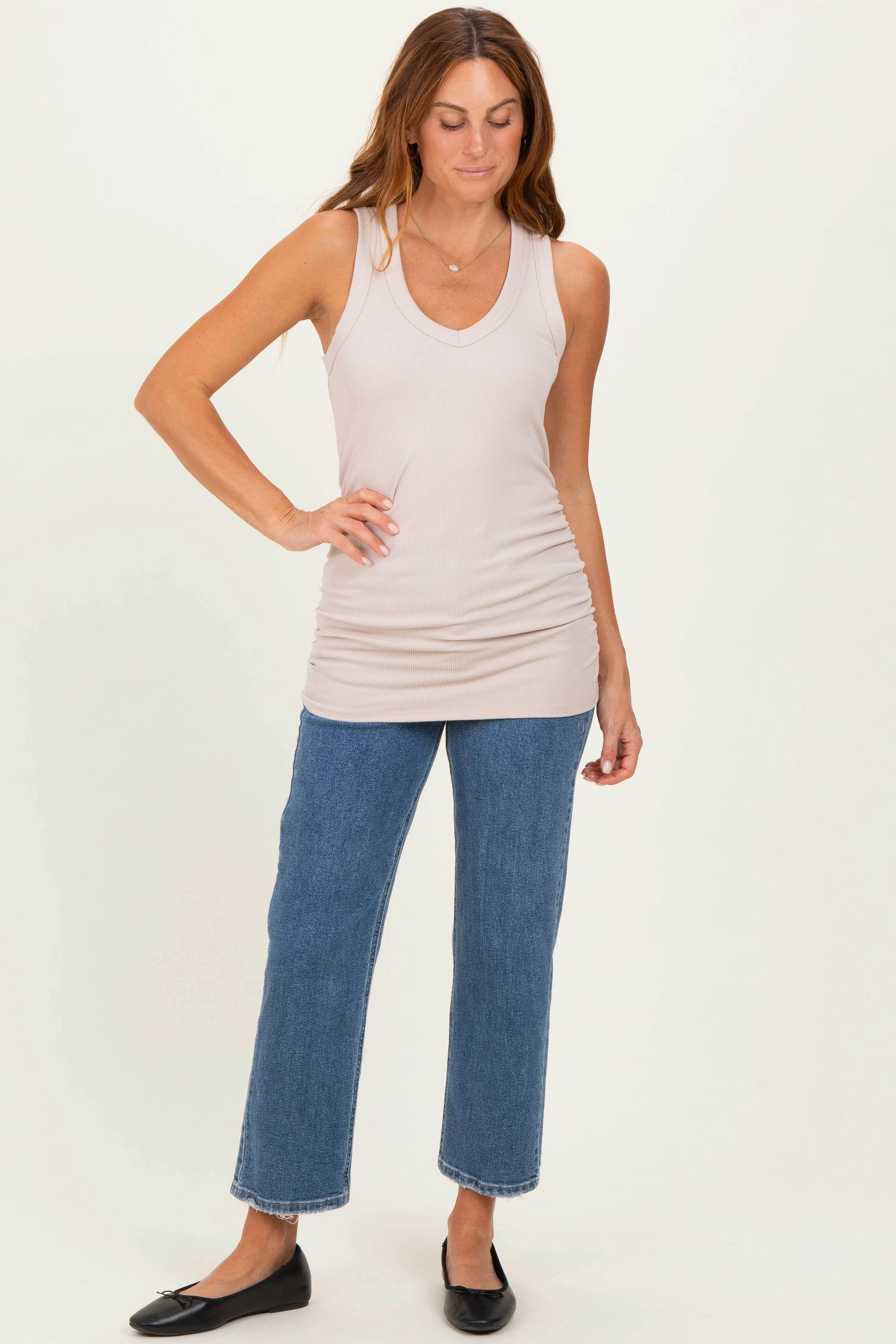 Beige Ribbed Sleeveless Ruched Tank Top sold by Pinkblush product image thumbnail 2