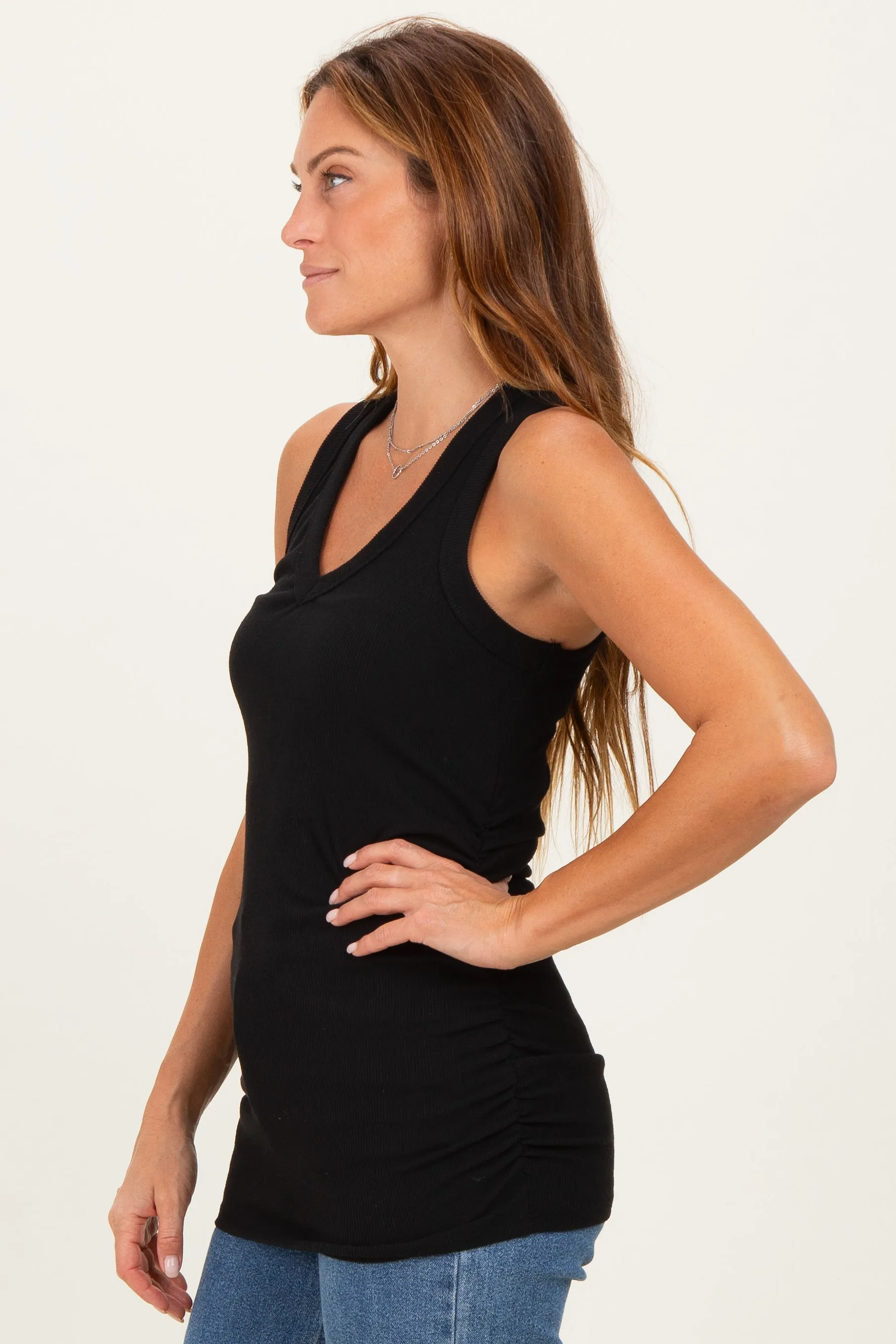 Black Ribbed Sleeveless Ruched Tank Top sold by Pinkblush product image thumbnail 3