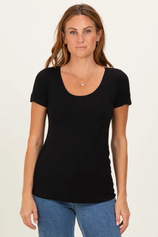 Black Short Sleeve Scoop Neck Knit T-Shirt sold by Pinkblush