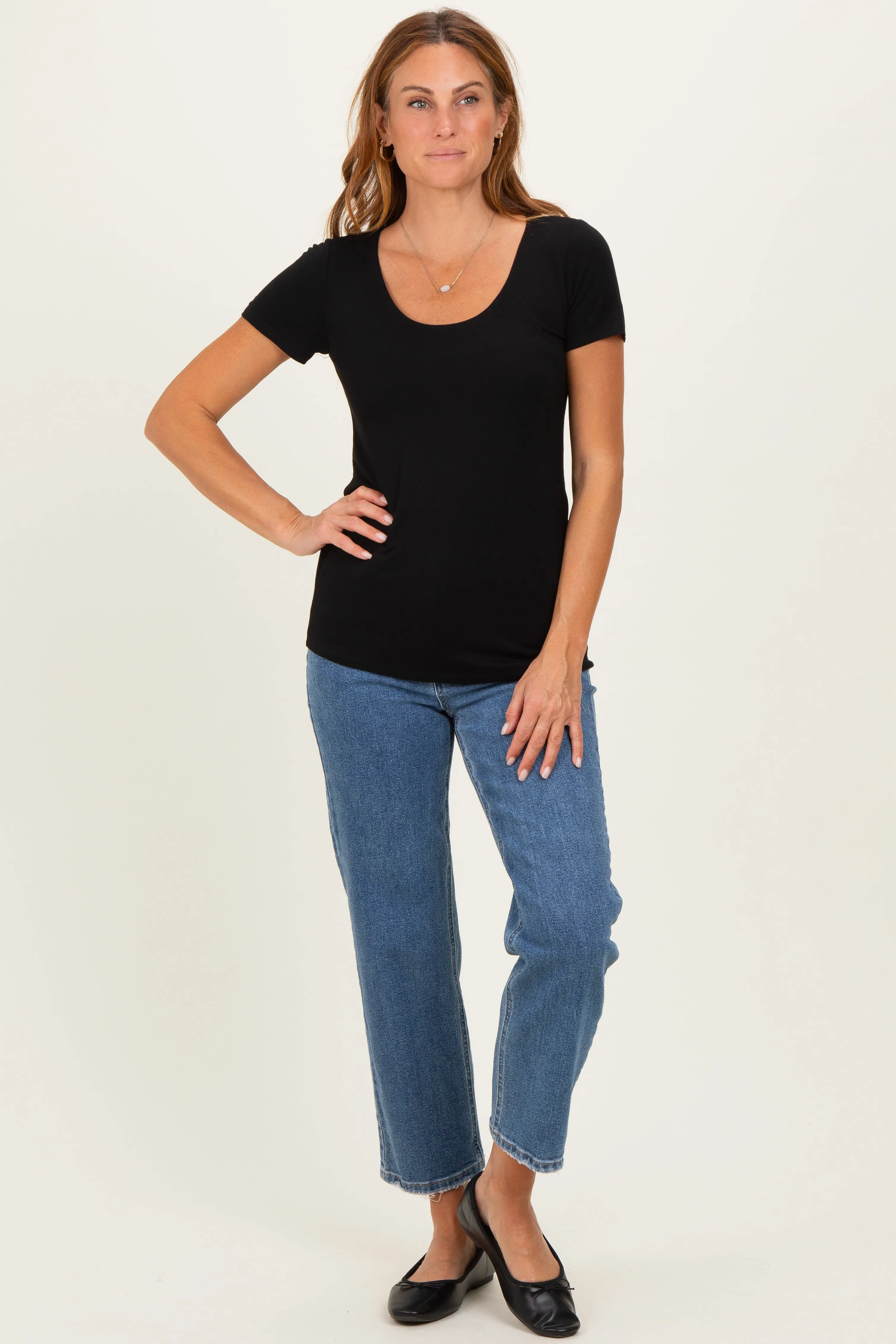 Black Short Sleeve Scoop Neck Knit T-Shirt sold by Pinkblush product image thumbnail 2