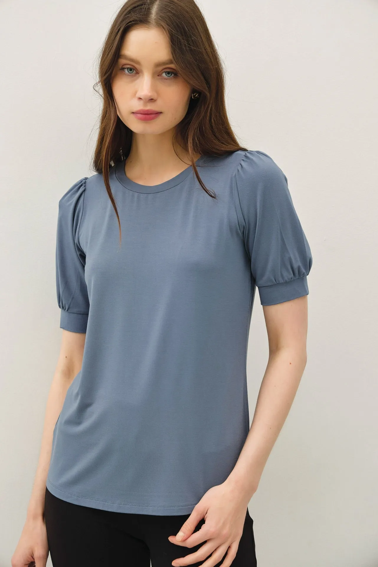 Blue Teal Puff Sleeve Basic Top sold by Pinkblush