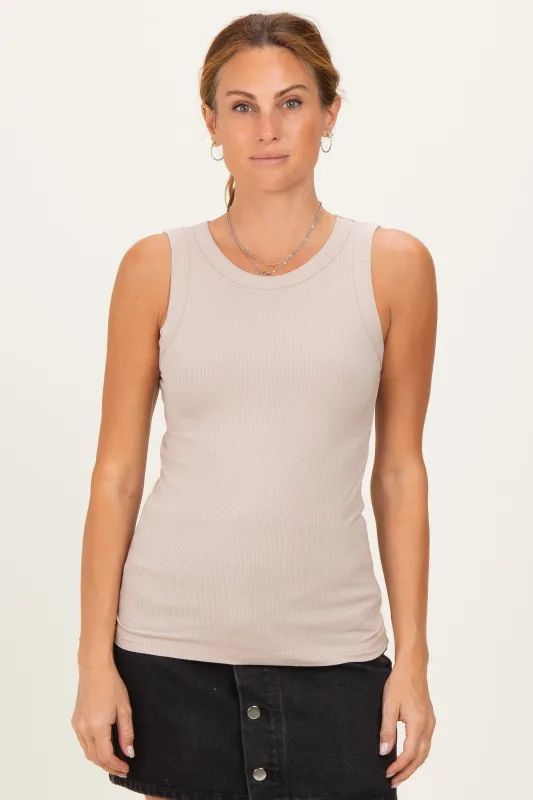 Beige Ribbed High Neck Tank Top sold by Pinkblush