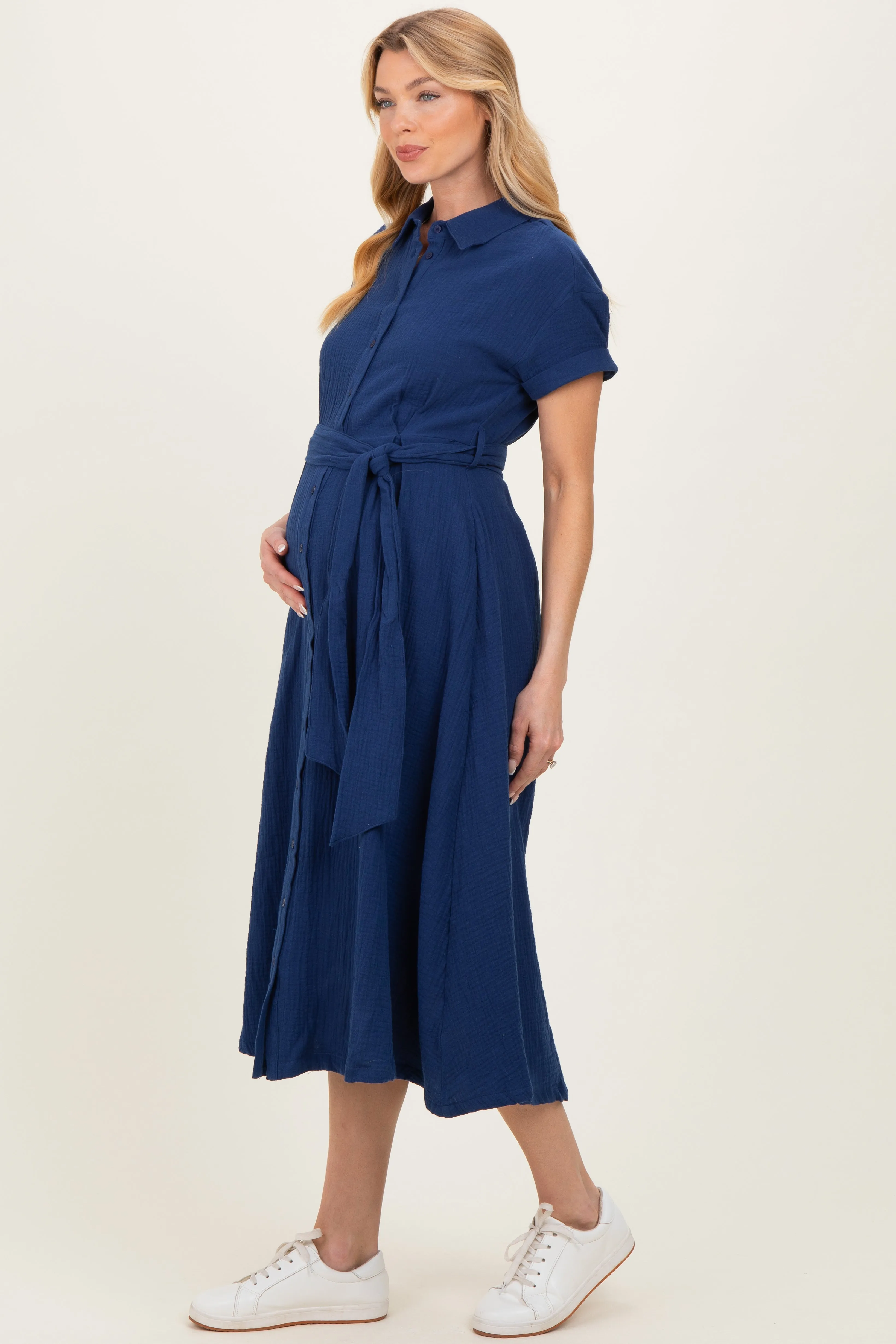 Navy Belted Maxi Maternity Shirt Dress sold by Pinkblush product image thumbnail 2