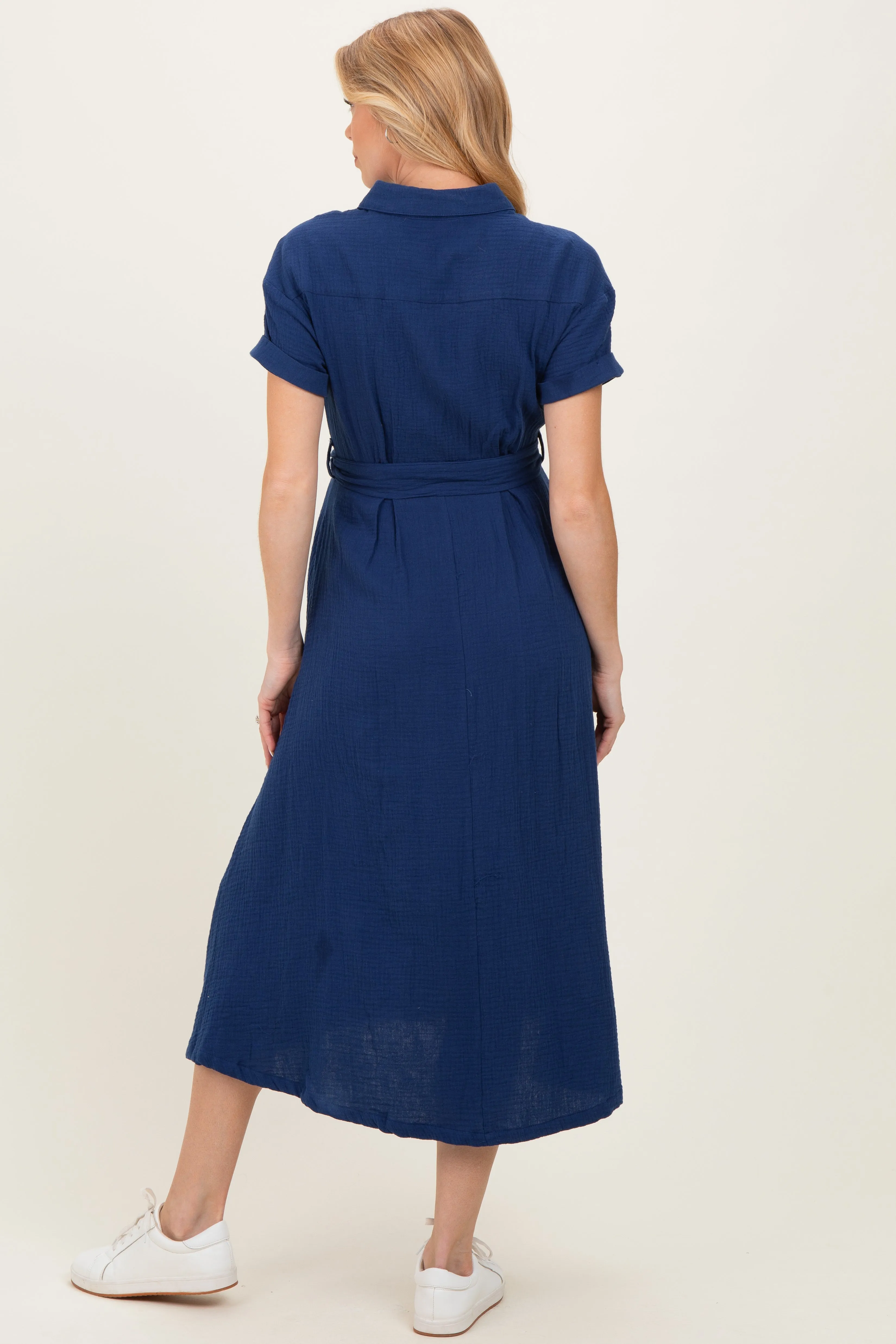 Navy Belted Maxi Maternity Shirt Dress sold by Pinkblush product image thumbnail 3