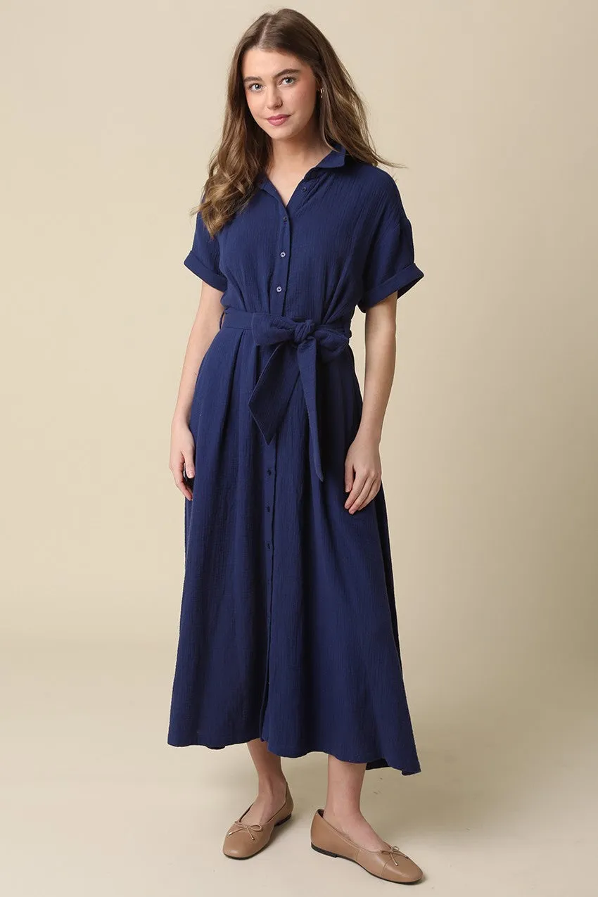 Navy Belted Maxi Maternity Shirt Dress sold by Pinkblush product image thumbnail 4
