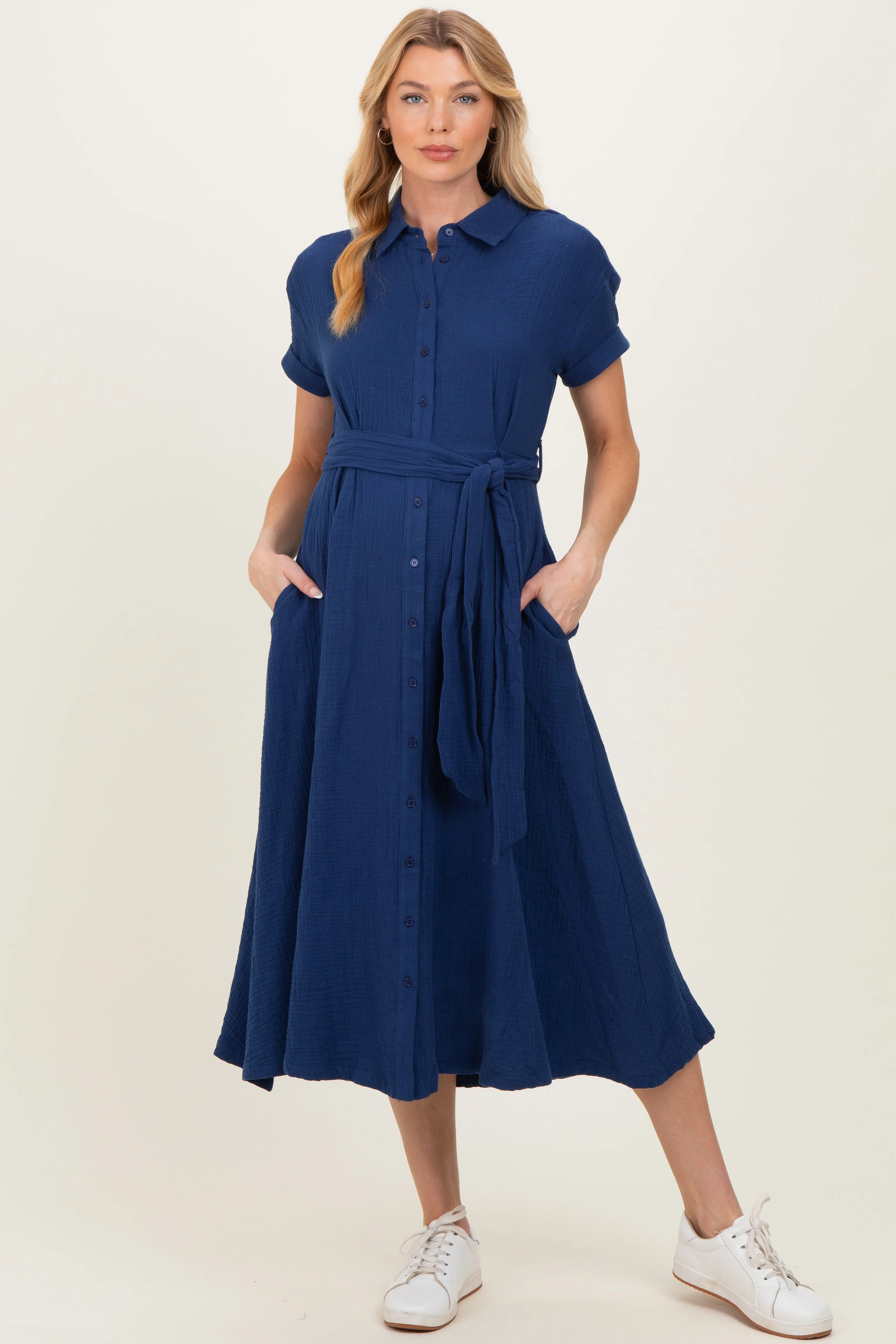 Navy Belted Maxi Maternity Shirt Dress sold by Pinkblush