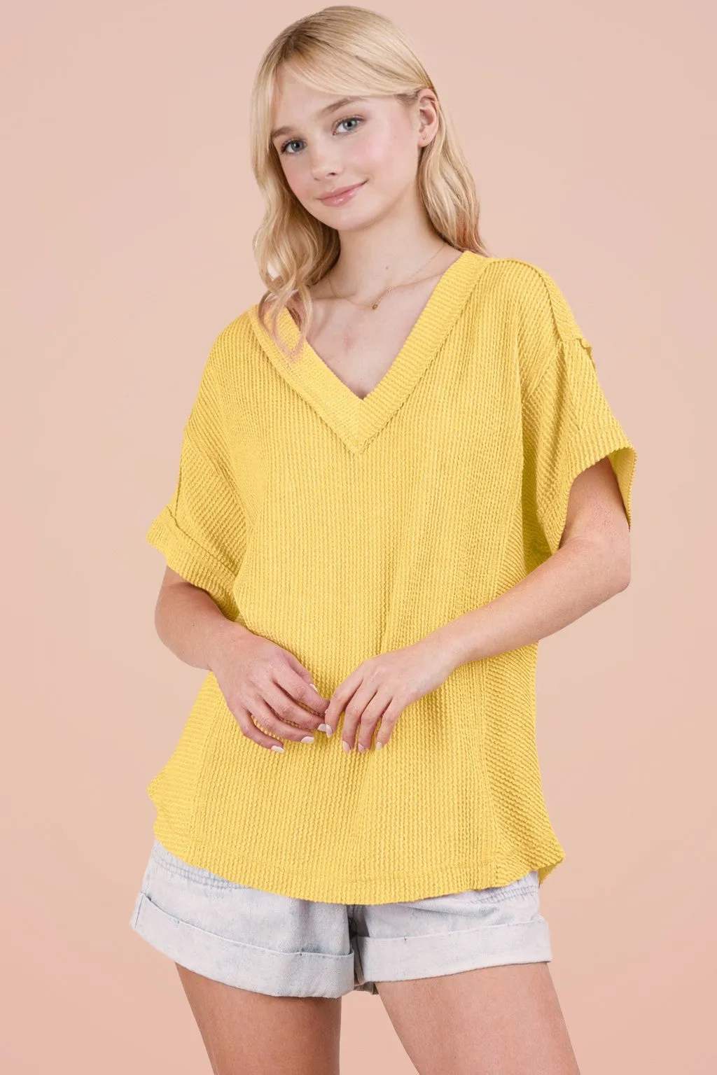 Yellow Ribbed Raw Hem Short Sleeve Top sold by Pinkblush