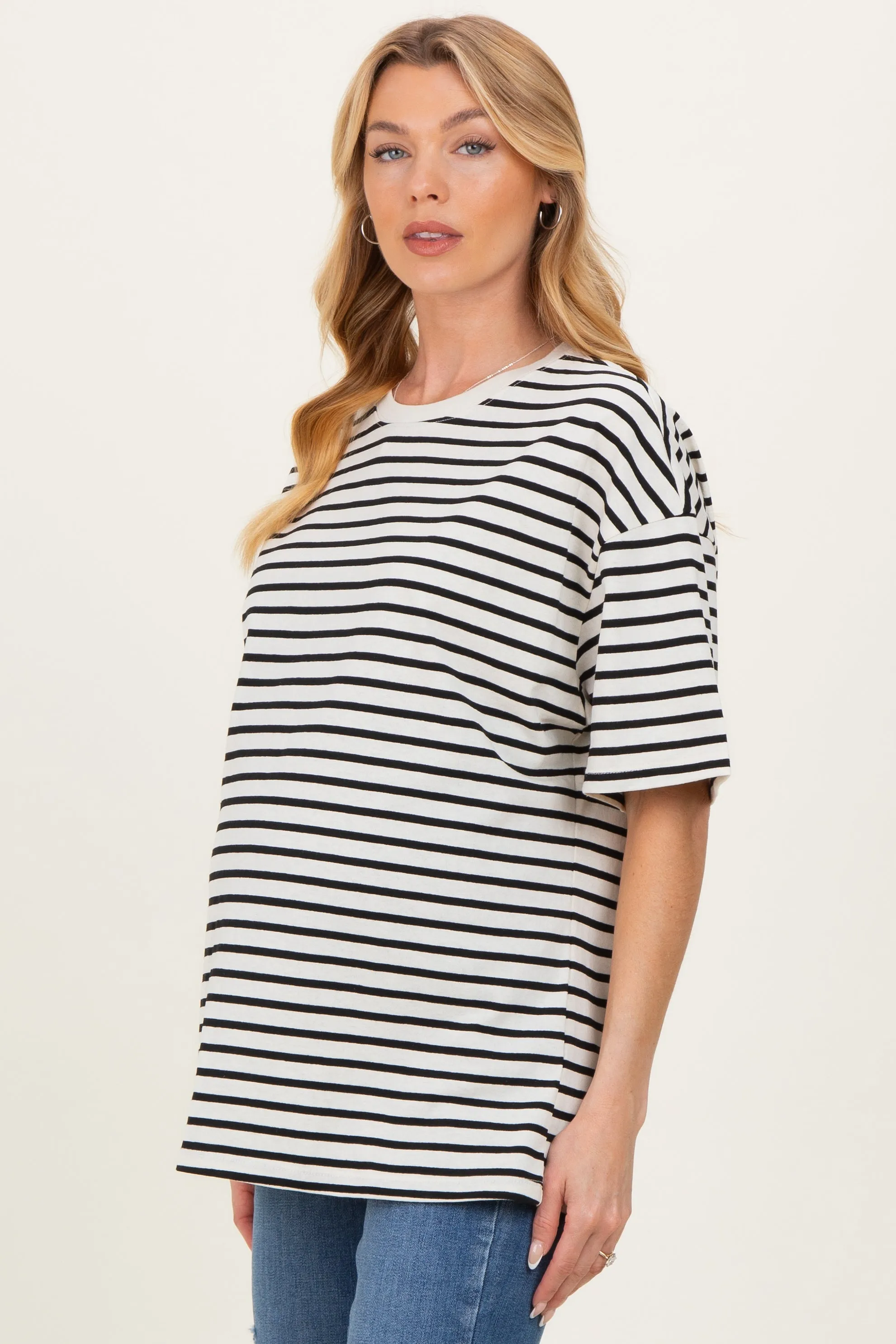 Black Striped Short Sleeve Crew Neck Oversized Cotton Maternity Top sold by Pinkblush product image thumbnail 3