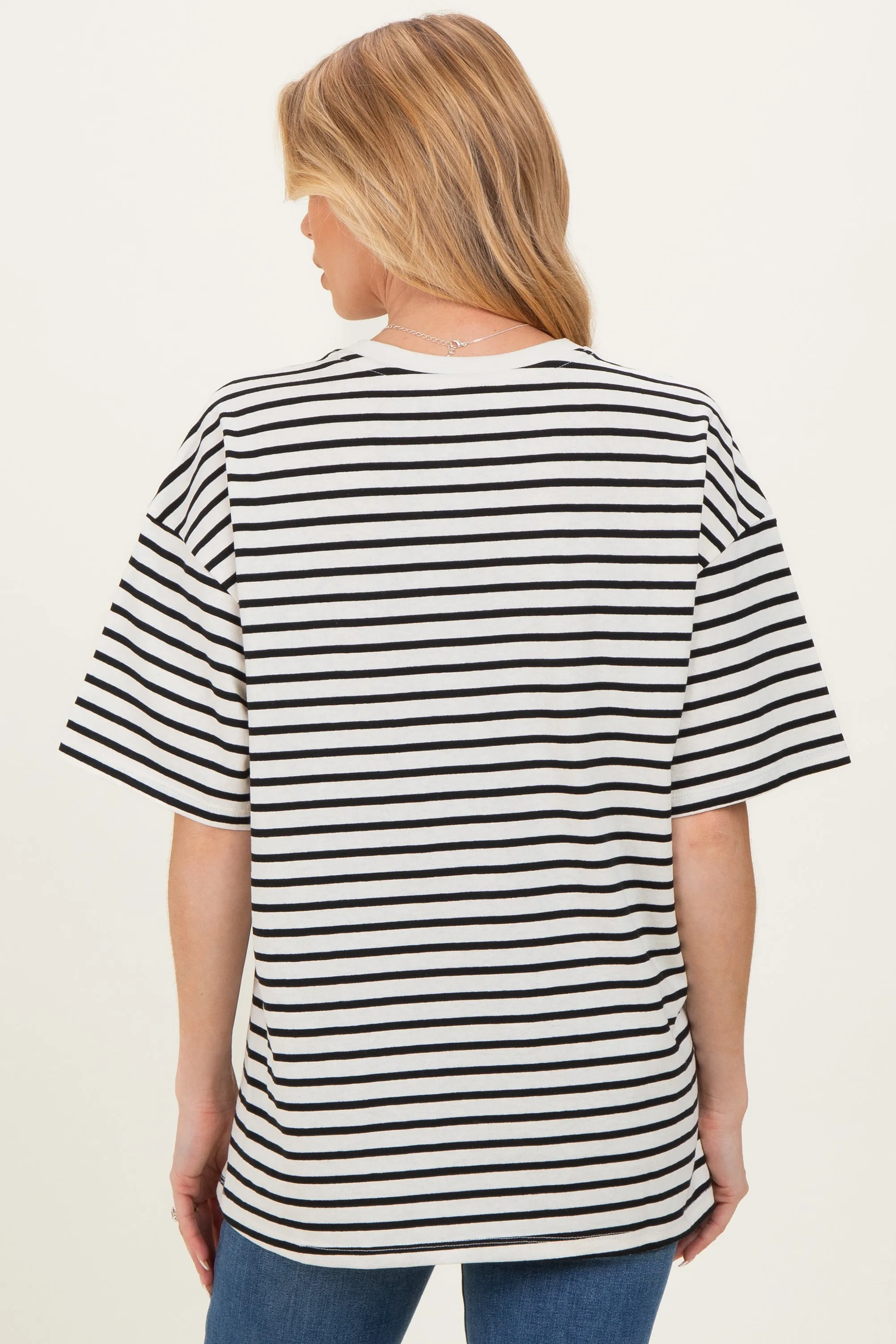 Black Striped Short Sleeve Crew Neck Oversized Cotton Maternity Top sold by Pinkblush product image thumbnail 4