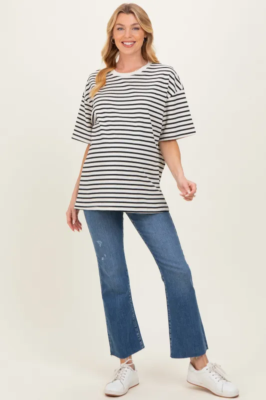 Black Striped Short Sleeve Crew Neck Oversized Cotton Maternity Top made by Pinkblush