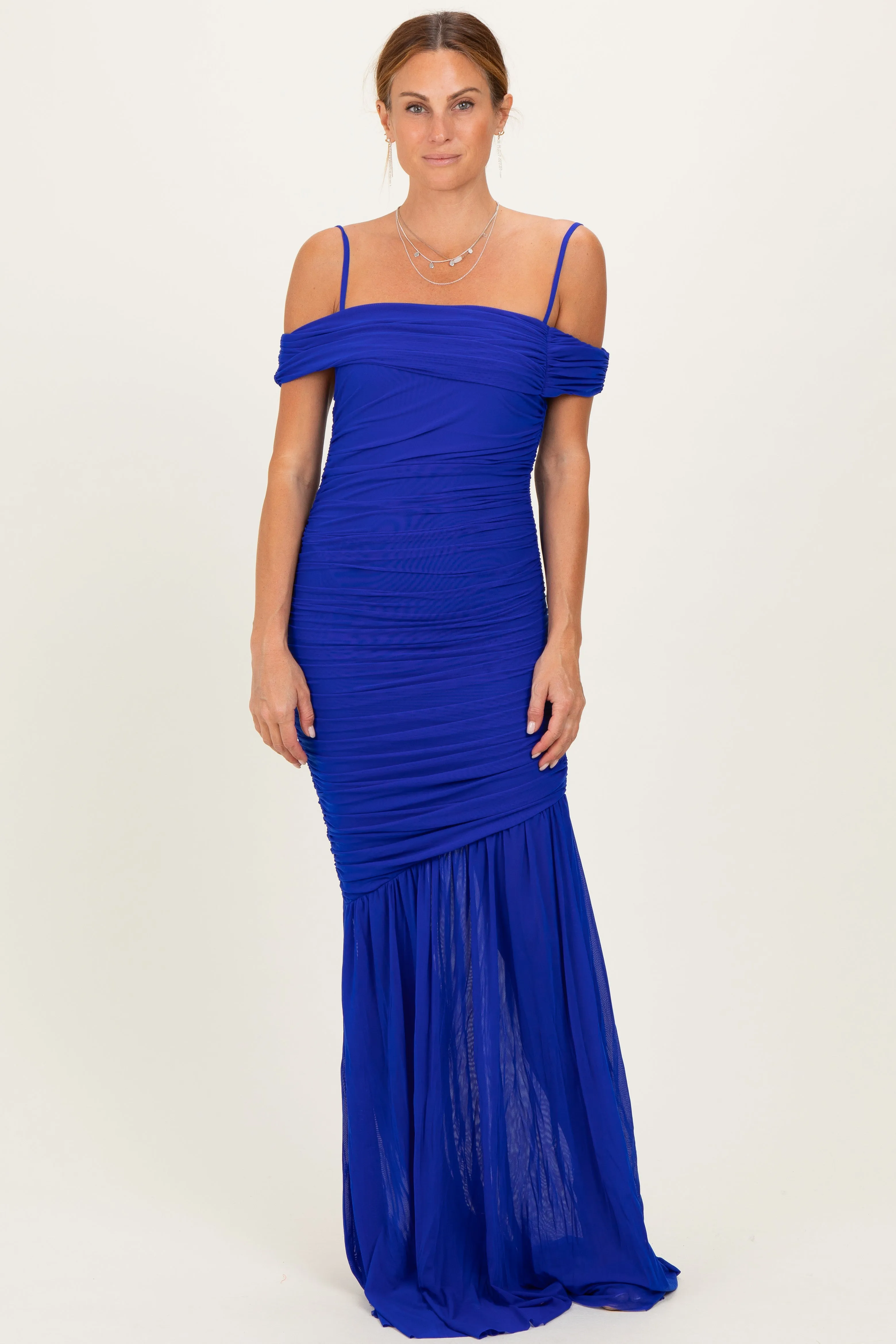 Royal Blue Ruched Mesh Off Shoulder Maxi Dress sold by Pinkblush