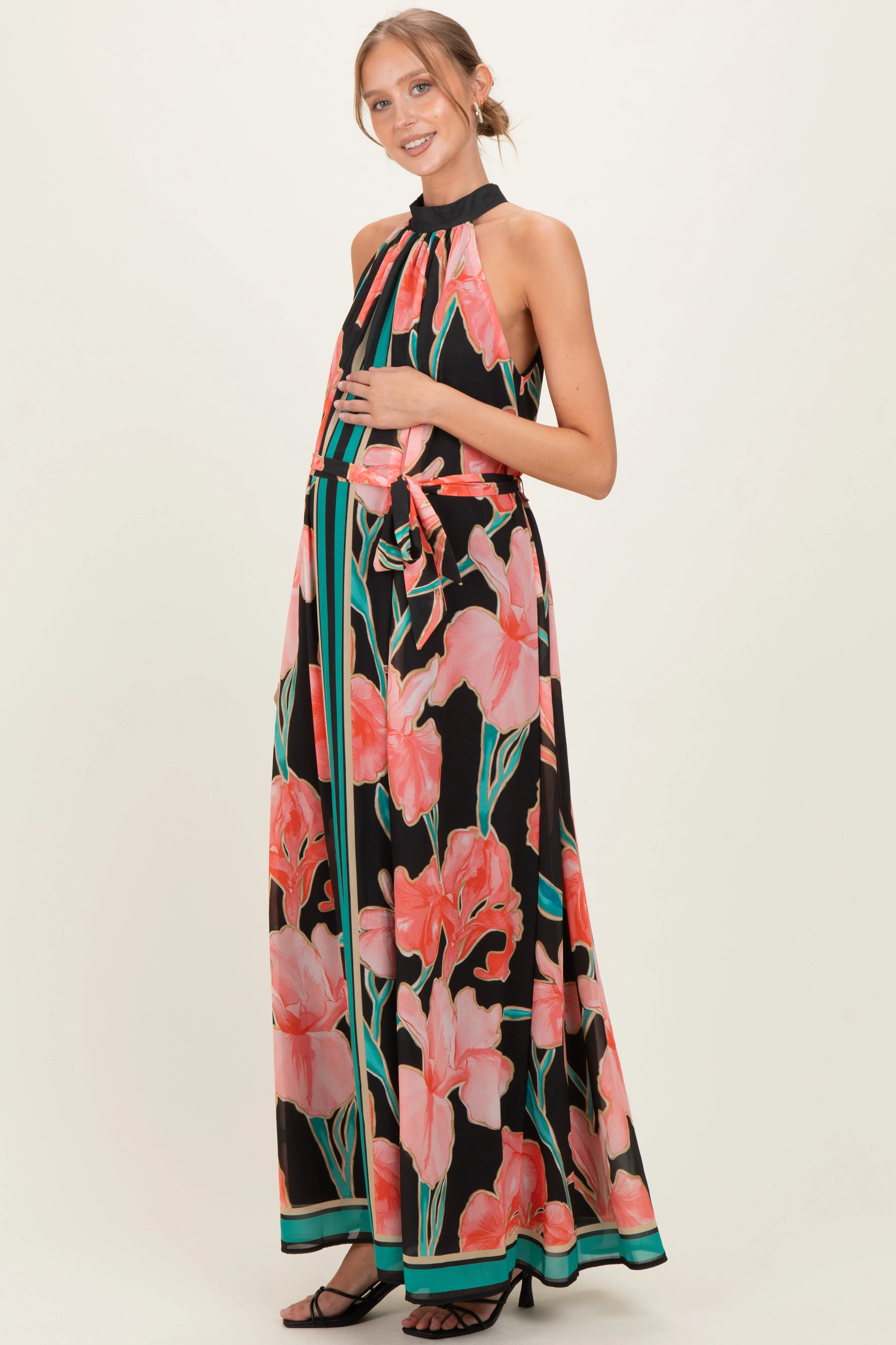 Black Floral Halter Maternity Maxi Dress sold by Pinkblush product image thumbnail 2