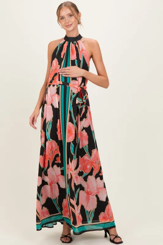 Black Floral Halter Maternity Maxi Dress made by Flying Tomato